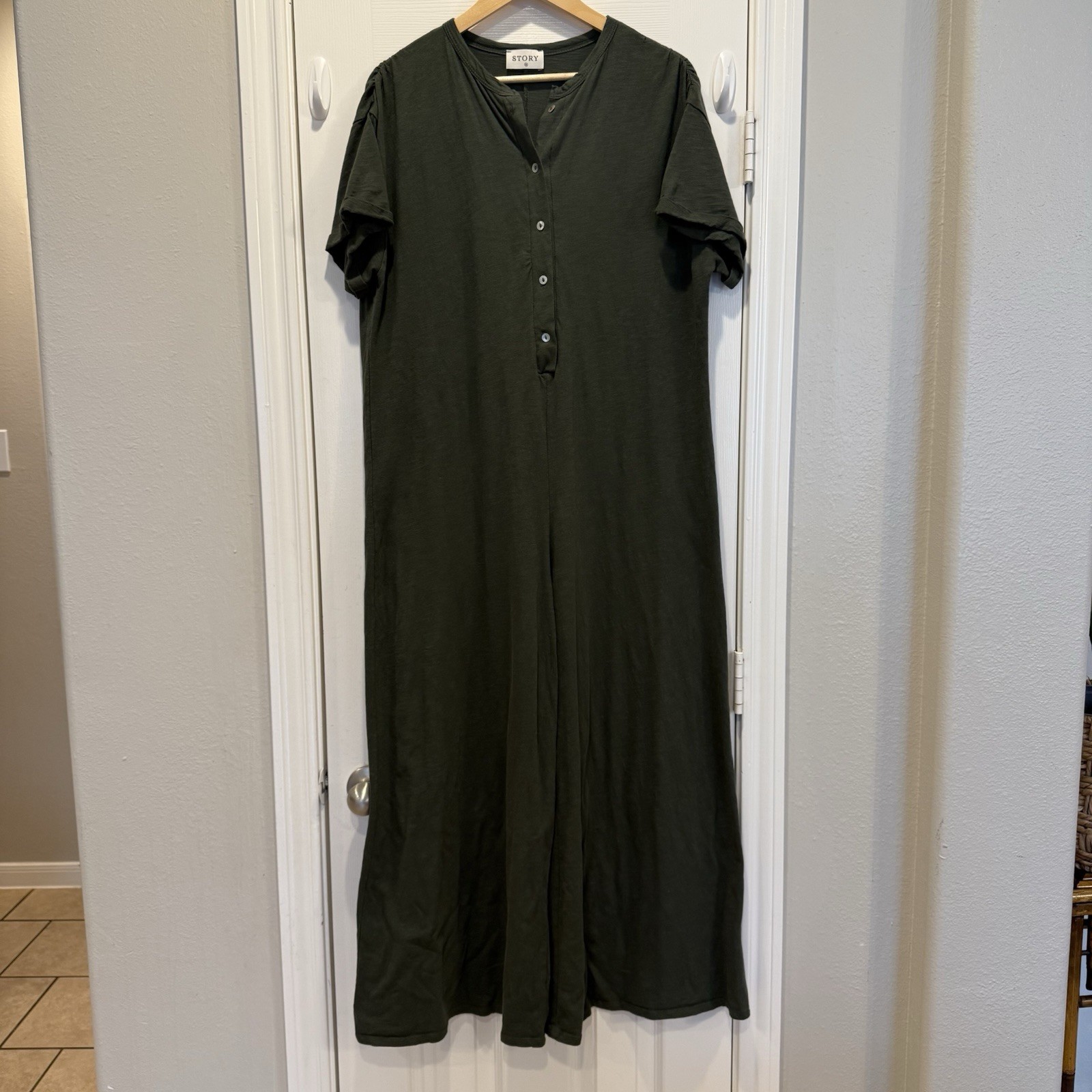 Story Jumpsuit Wide Leg Women’s Medium Green Oversized Shirt Sleeves Lagenlook