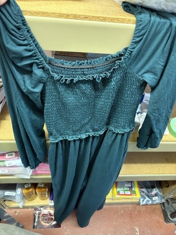 Tanou green Long Sleeve One Piece Smocked Square Neck Jumpsuit MED VERY SOFT NWT