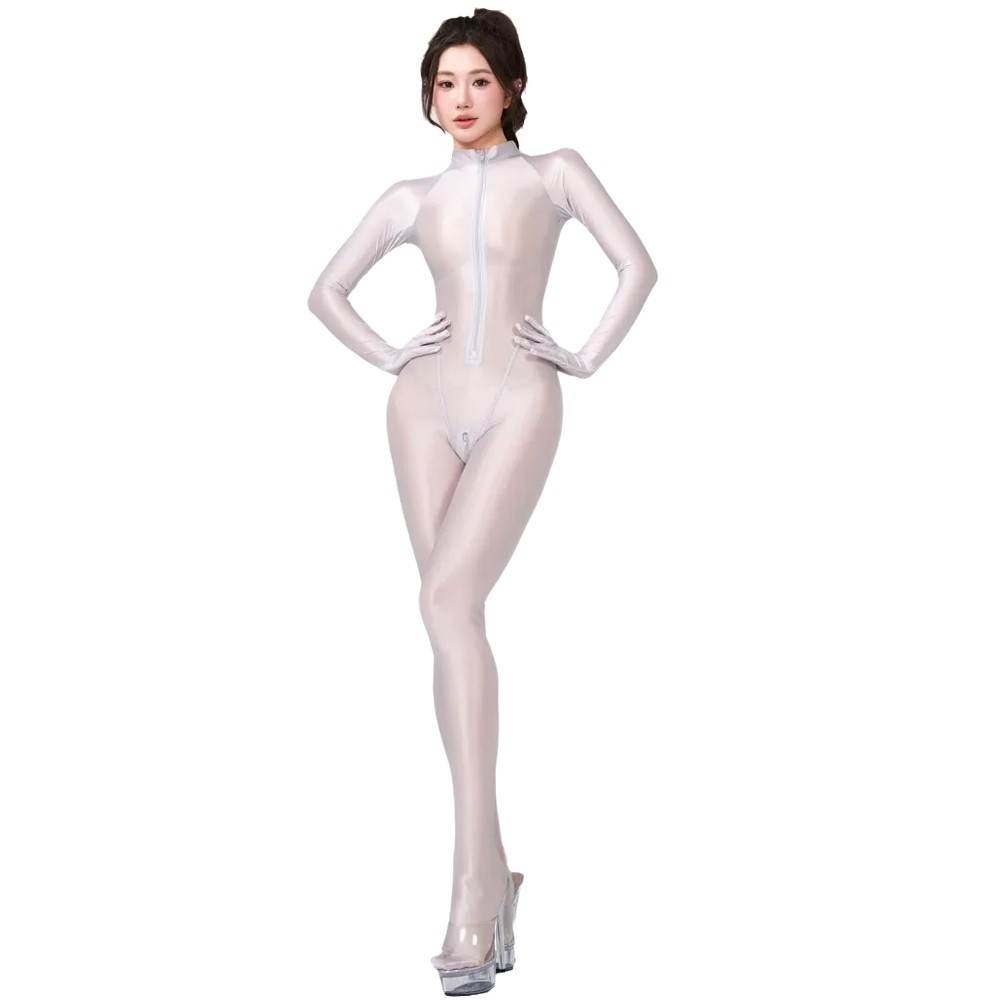 Women Shiny Stretch High Neck One Piece Jumpsuits Double Zipper Zentai Bodysuits