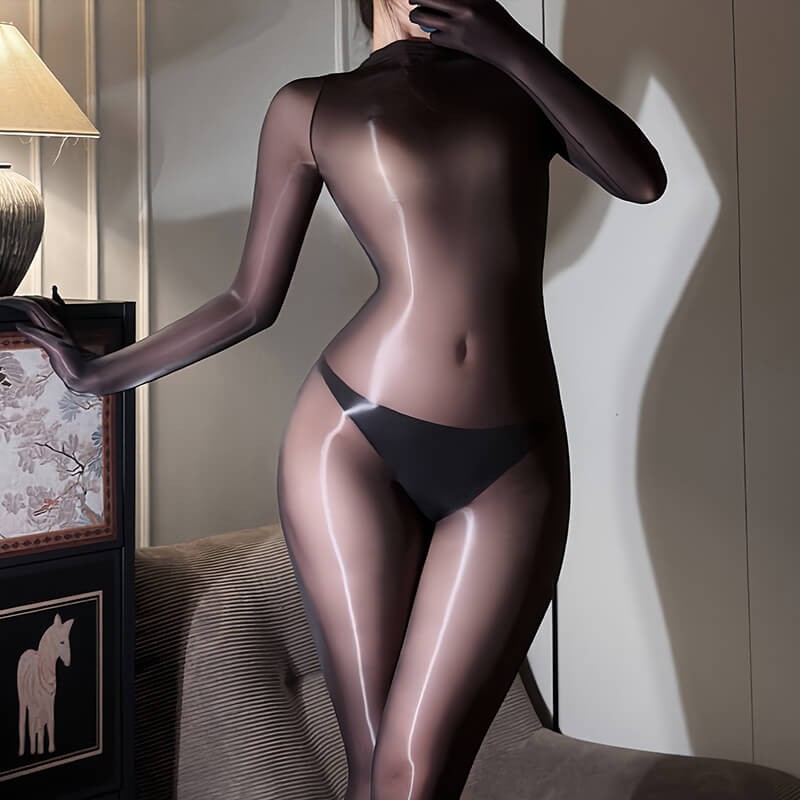 Top Quality Women’s Sheer Shiny Glossy Catsuit Bodysuit 5 Toe Glove Bodystocking