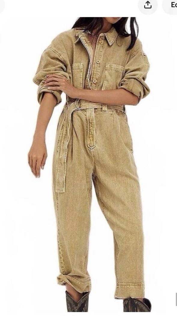 Free People Tan Denim Utility Jumpsuit Belted Pockets Collared Long Sleeve S