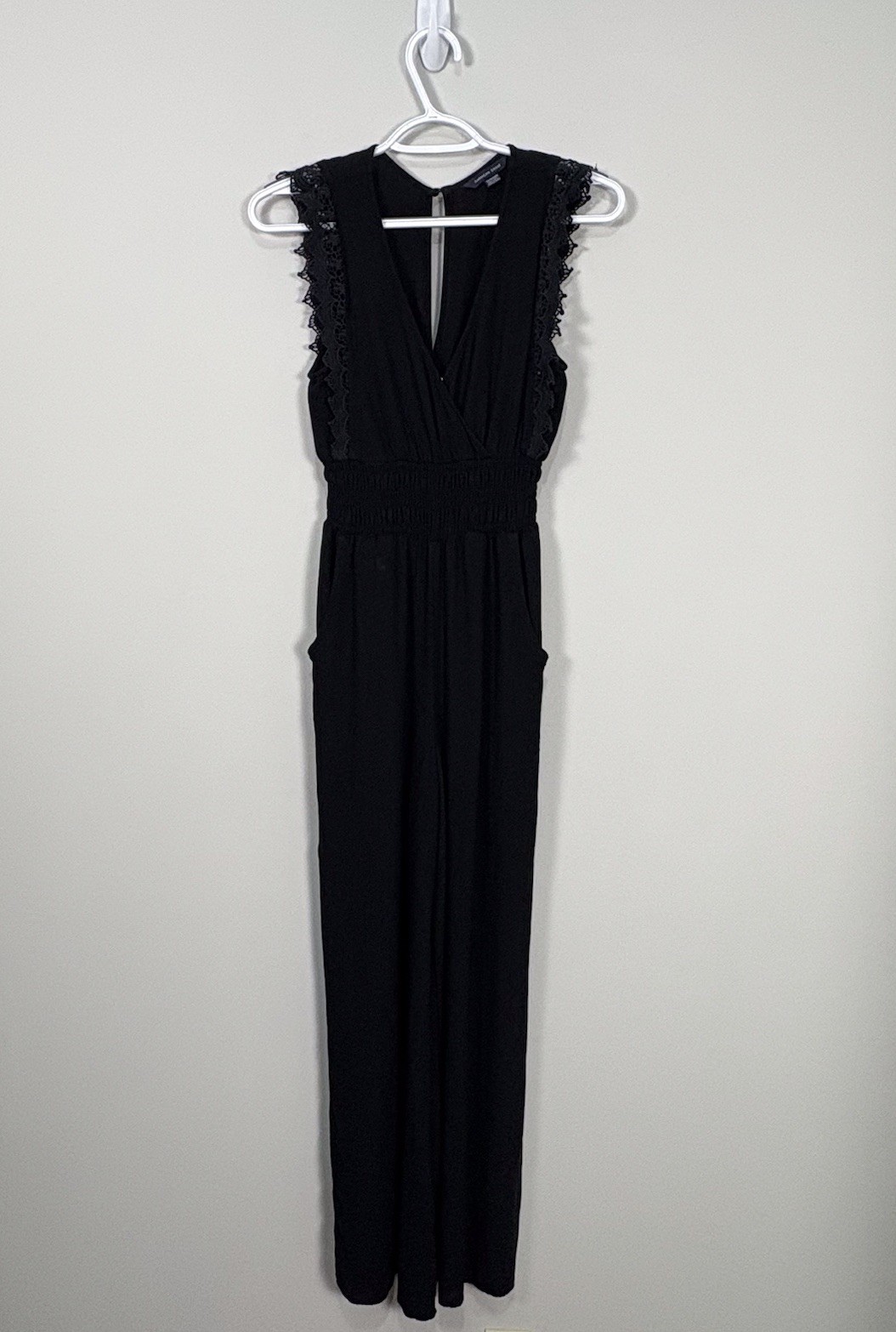 American Eagle Jumpsuit XS Black Wide Leg Crochet Lace Wrap V Neck Smocked Waist