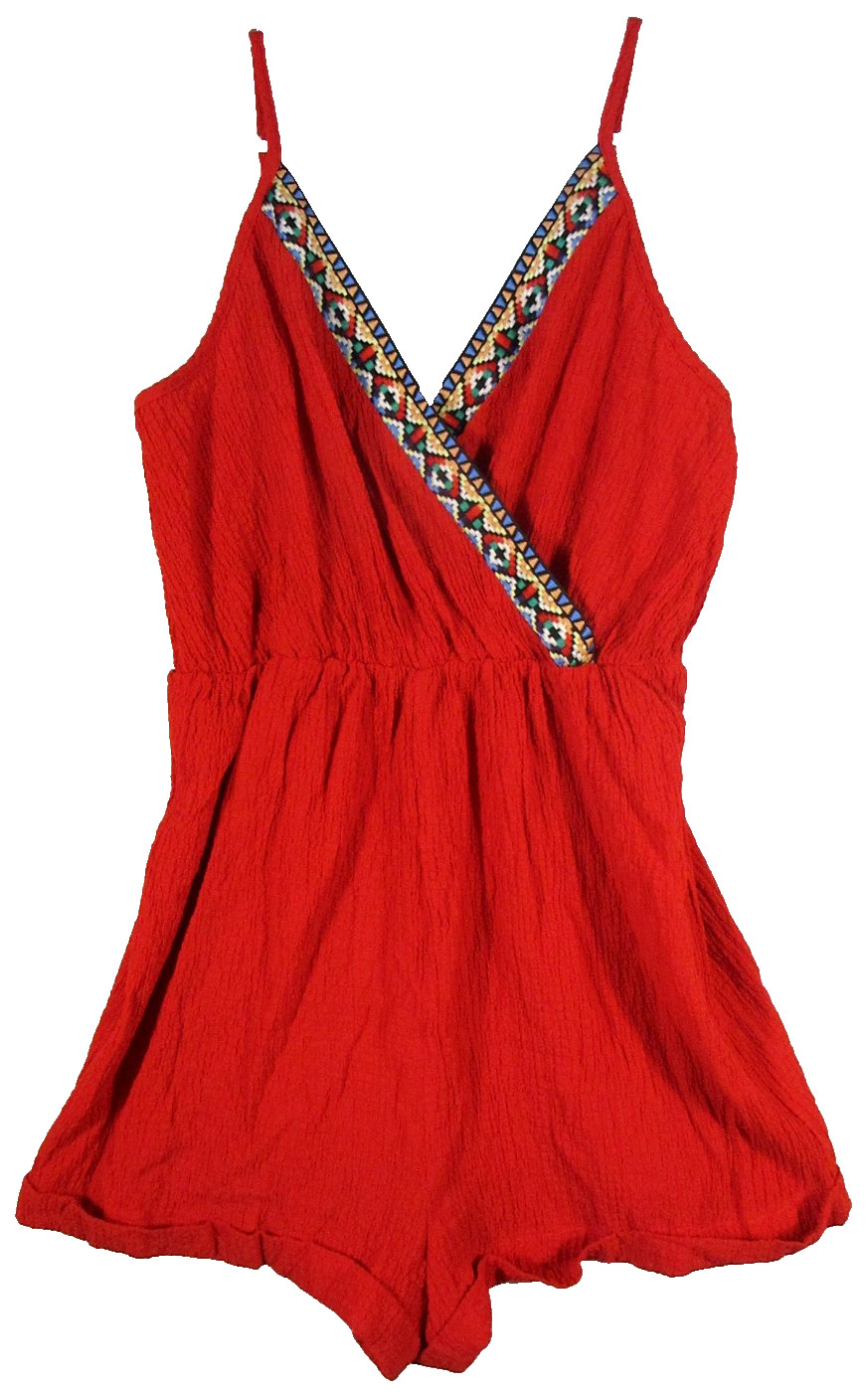 Shein Womens Pullover V-Neck Romper Embroidered Trim Sleeveless Size S Red