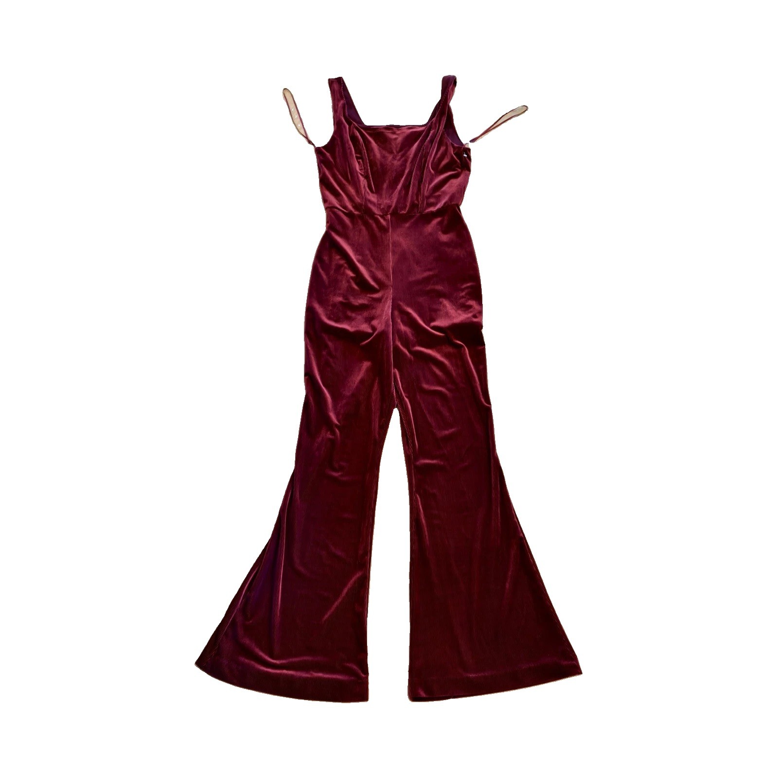 GB Jumpsuit Womens Burgundy Velvet Flared Leg Sleeveless Square Neck M