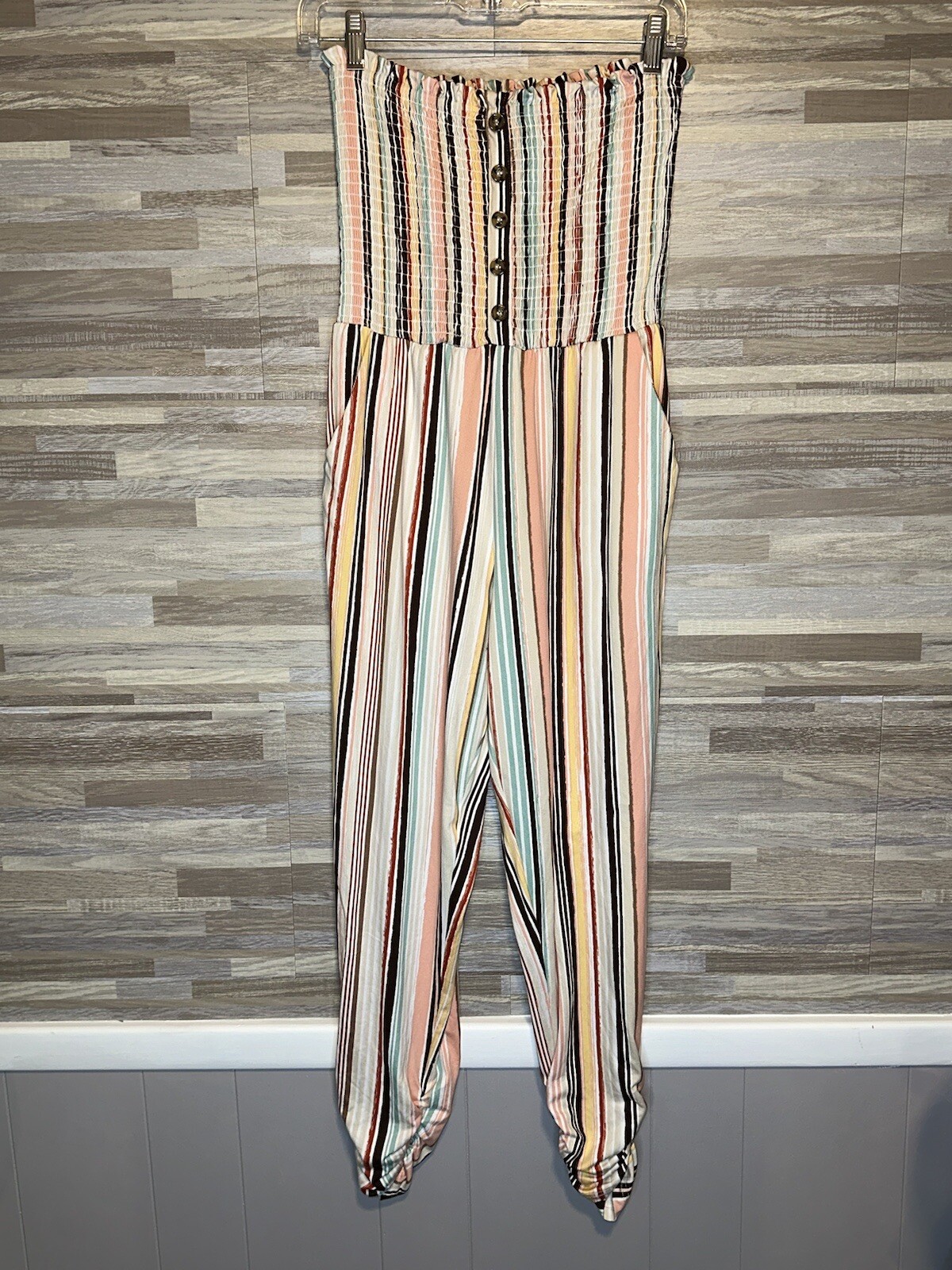 Full Circle Trends Womens Black Jumpsuit Multicolor Striped Sleeveless Med #303