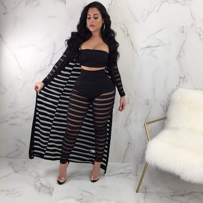 Women’s Sexy 3 Piece Mesh Striped Bodycon Outfit, Black Sz-XXL NWOT