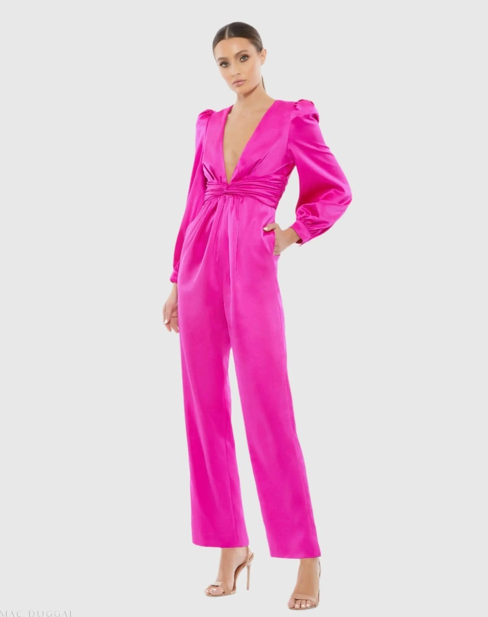 Ieena For Mac Duggal A2647 Front Twist Puff Sleeve Deep V Jumpsuit Size 2