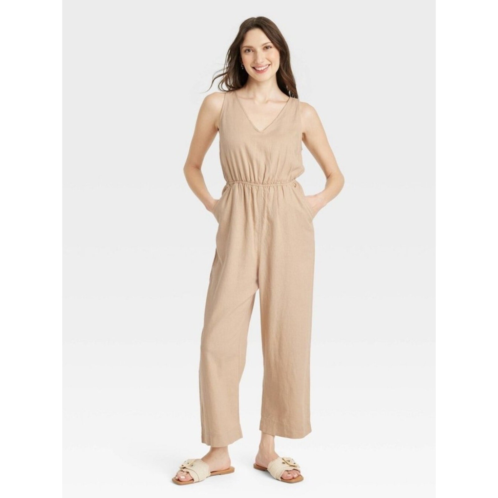 Women’s Linen V-Neck Jumpsuit – Universal Thread Tan Size S