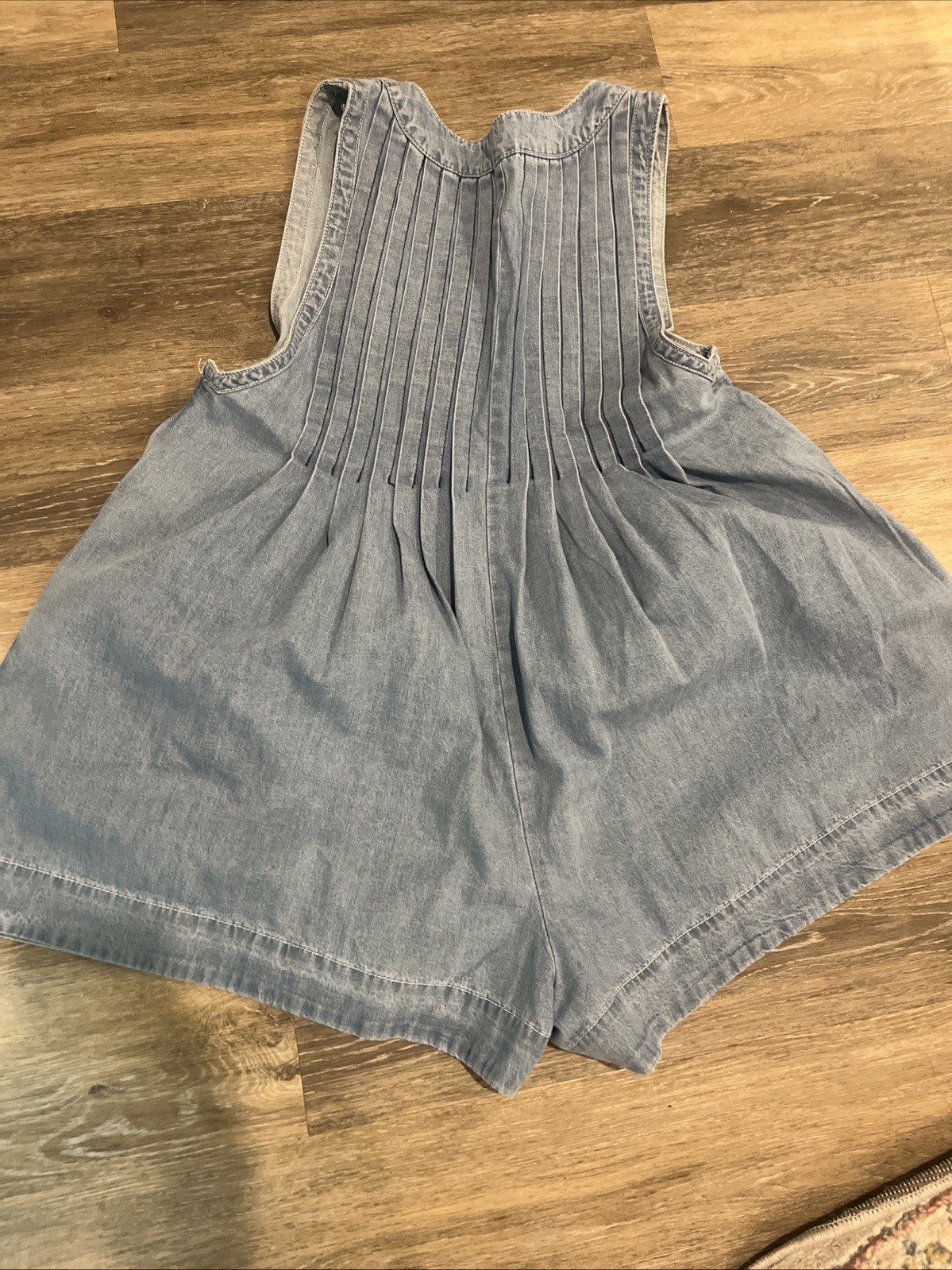 Veveret Light Wash Denim Pleated Babydoll Romper Sleeveless Blue Medium