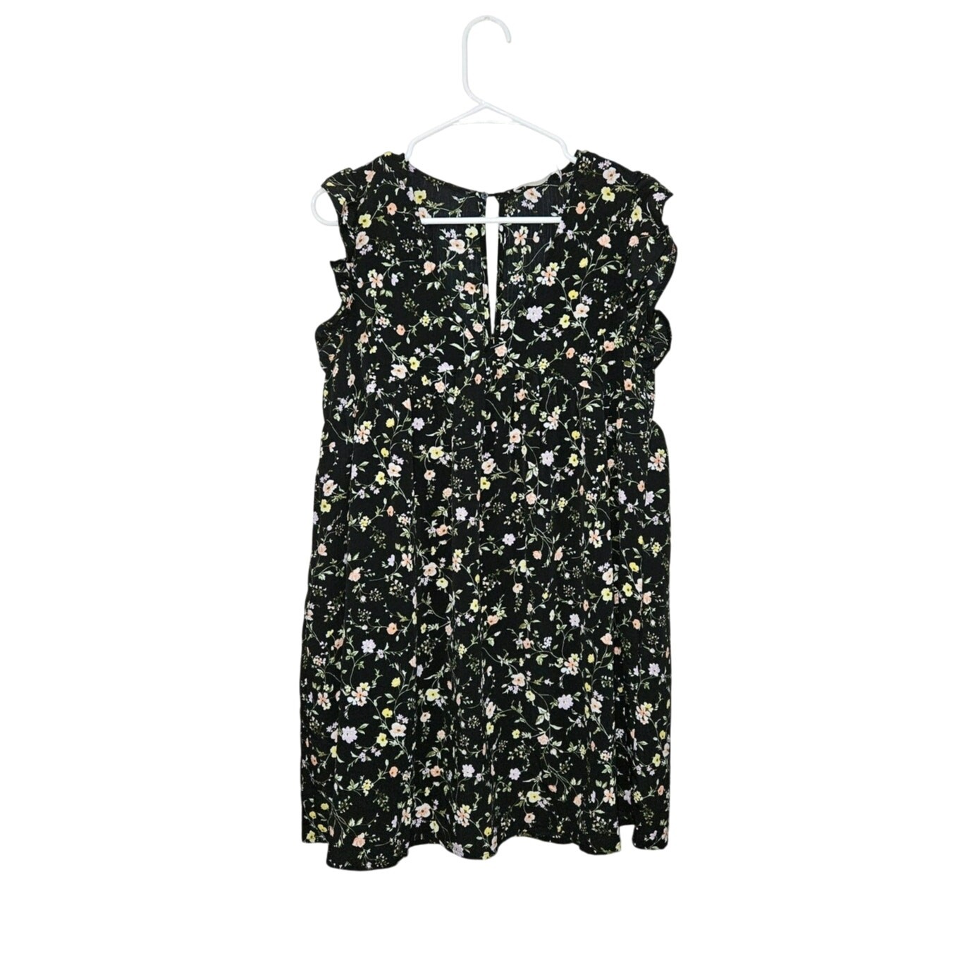 Mustard Seed Floral Short Sleeve V-Neck Key Hole Dress Romper Size M Pockets