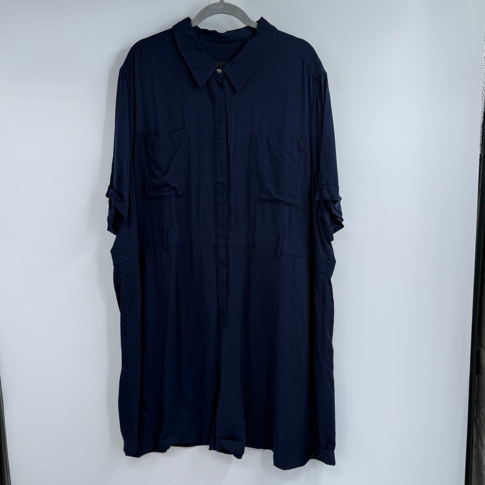 BP + Wildfang Midi Romper Women Plus 3X Navy Blue Short Sleeve Chest Pocket