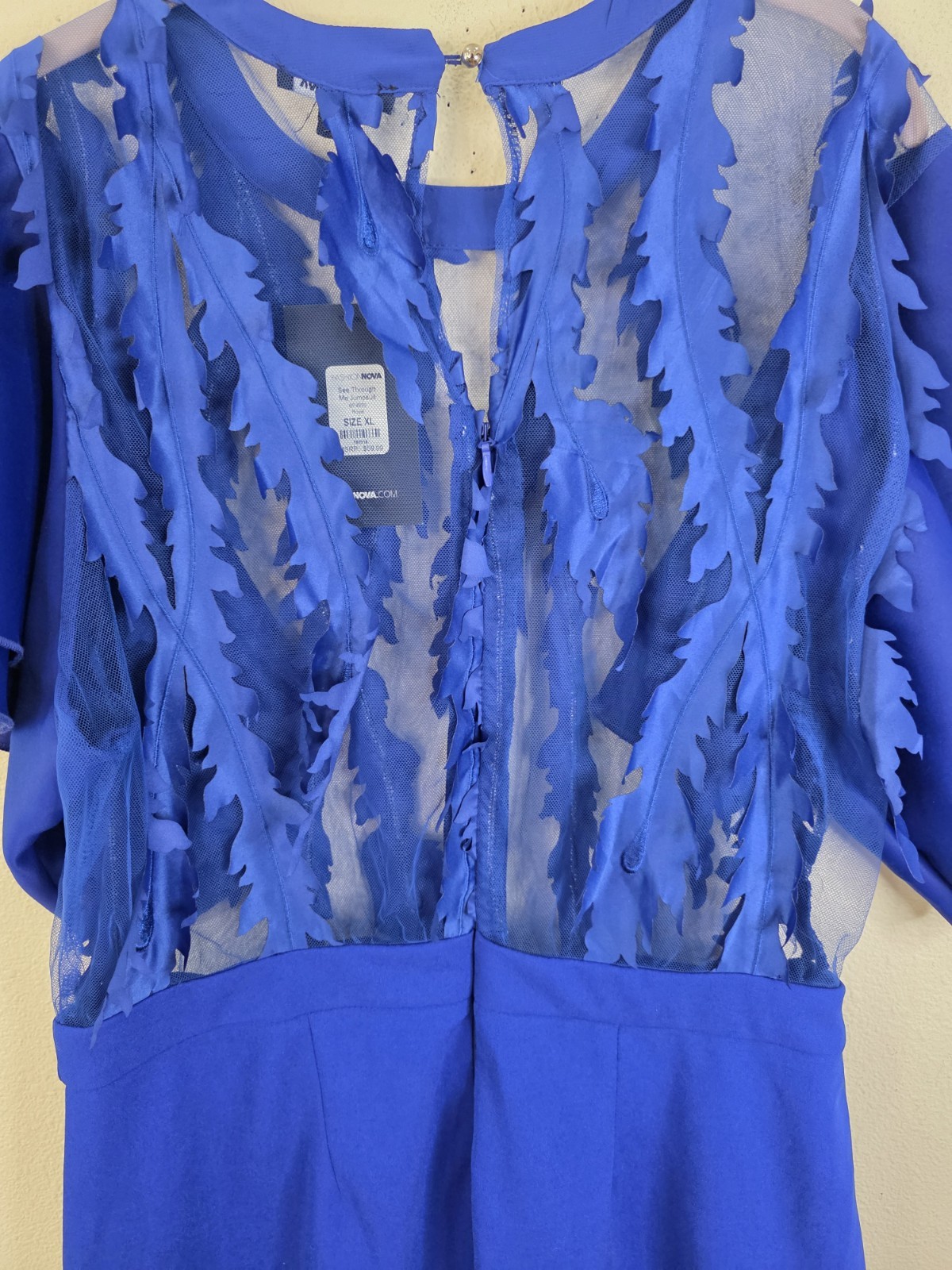 Fashion Nova See Through Me Jumpsuit Royal Blue Flutter Sleeve Beaded Size XL