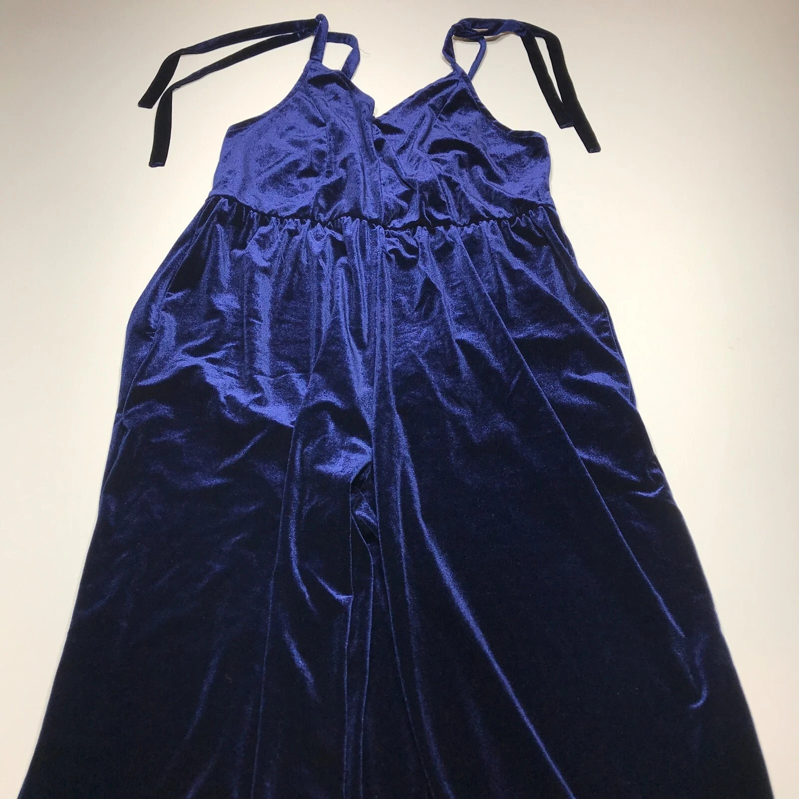 Shein Curve Cami Jumpsuit Womens 1XL Blue Velvet Stretch Tie String Sleeveless