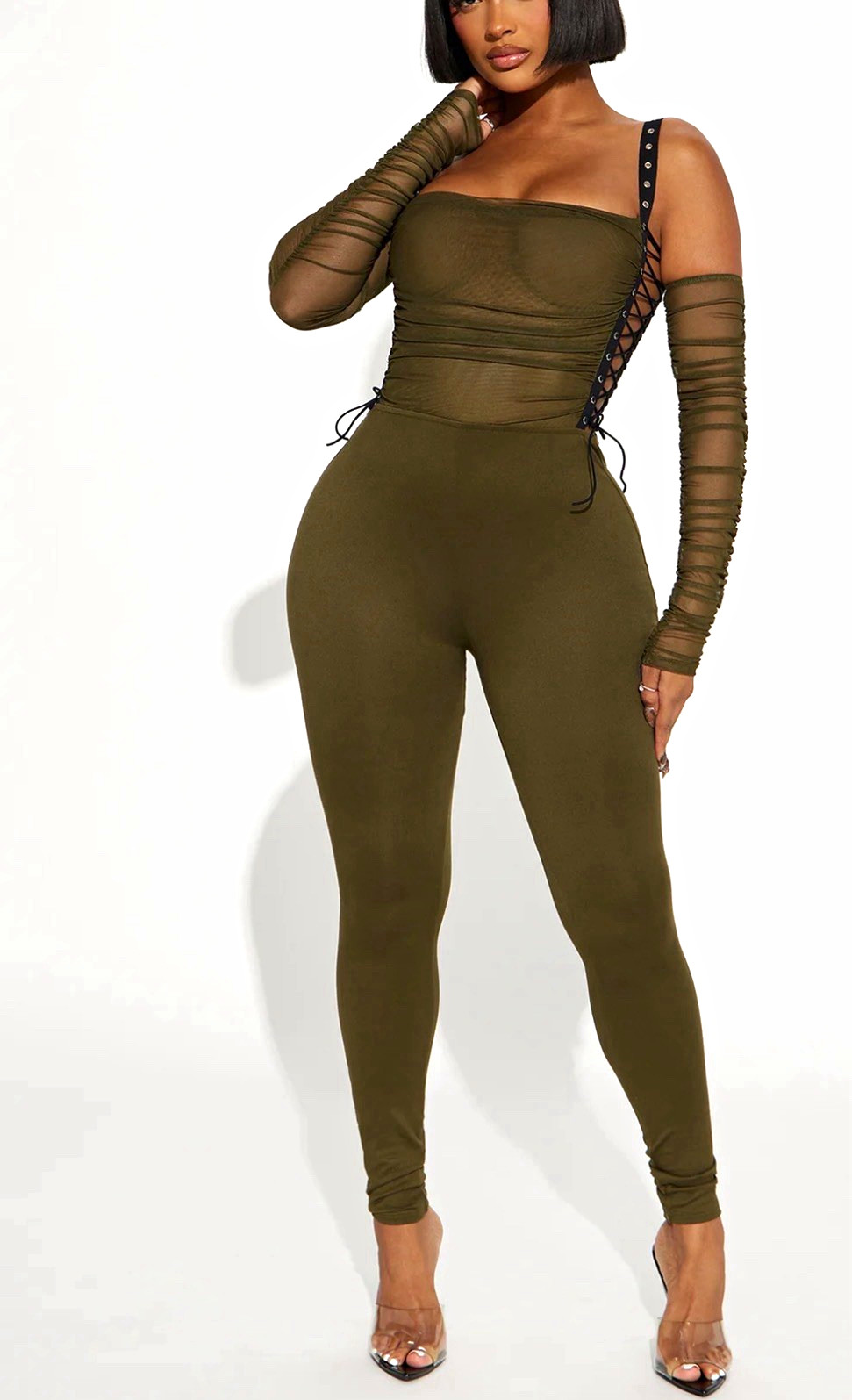 Hot Off-Shoulder Lace -Up Mesh Top Jumpsuit. Size Large