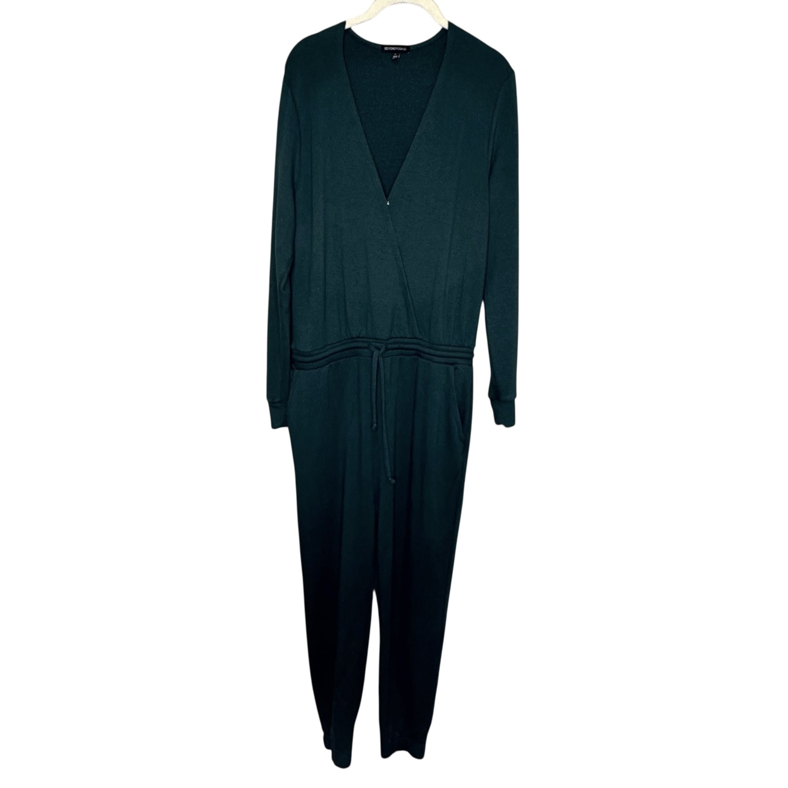 Beyond Yoga Overlapping Fleecw Jumpsuit Large Green Drawstring Waist Pockets