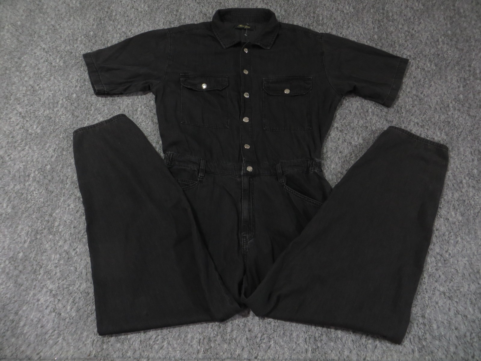 Mavi Gold Denim Jumpsuit Womens Large Snap Button Short Sleeve Black