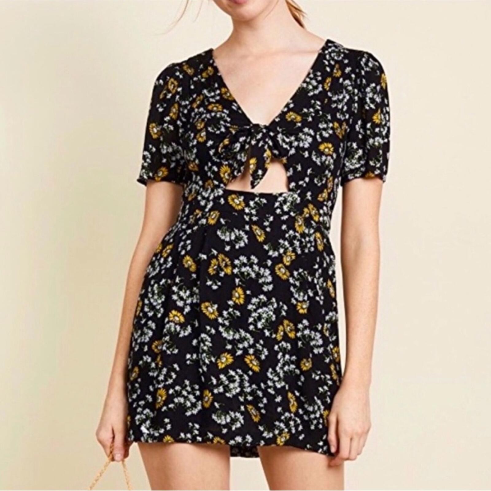 Black Floral Tie-Front Romper – Yellow & White Print