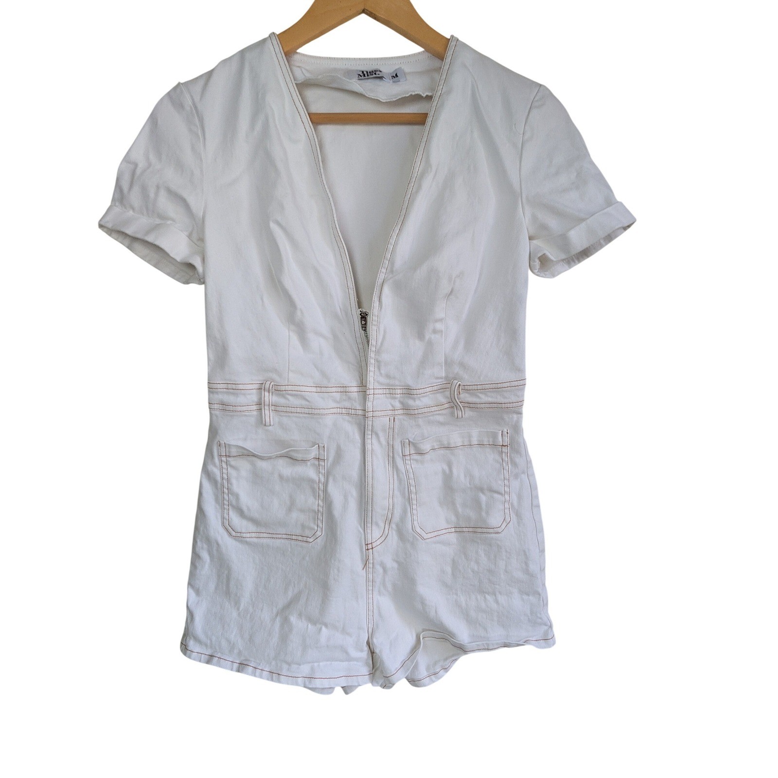 Tiger Mist White Zip Front Utility Romper Contrast Stitch Womens Size M Festival