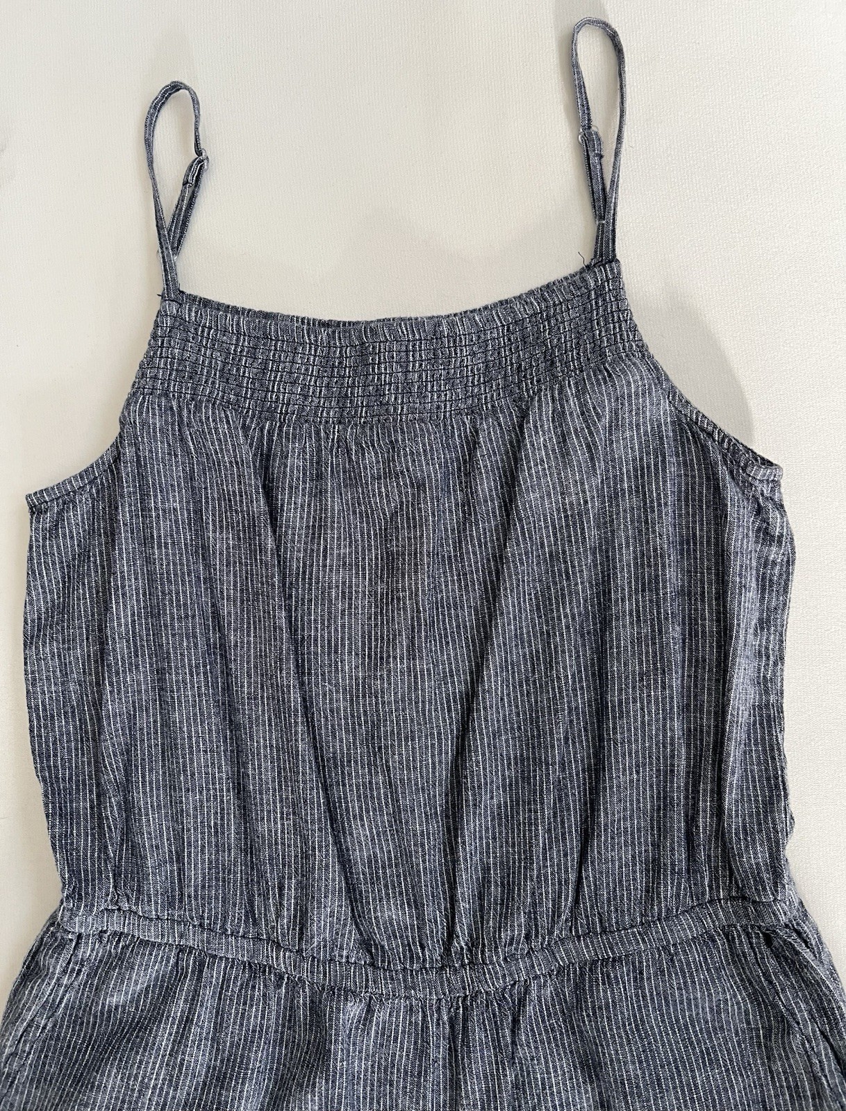 Beachlunchlounge Linen Blend Jumpsuit Striped Pockets Adjustable Straps Blue M