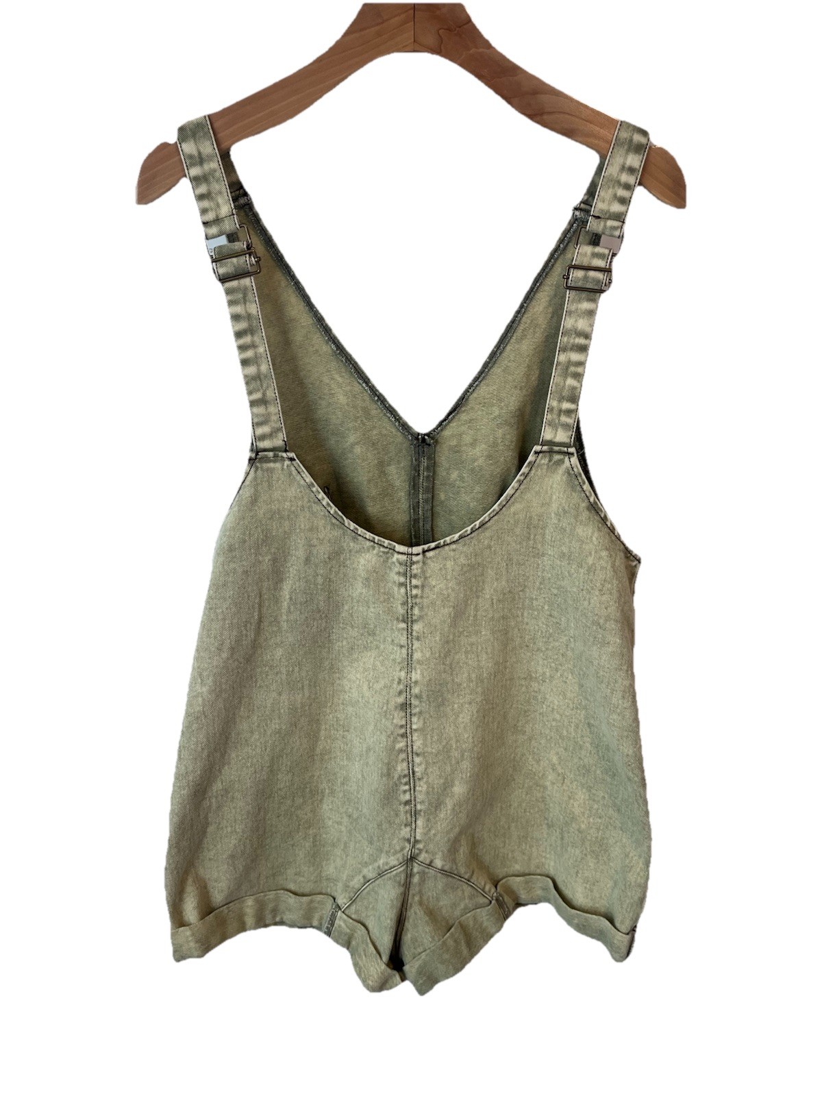 Shein Overall Shorts Romper Women’s Size S Green Acid Wash Denim Adjustable