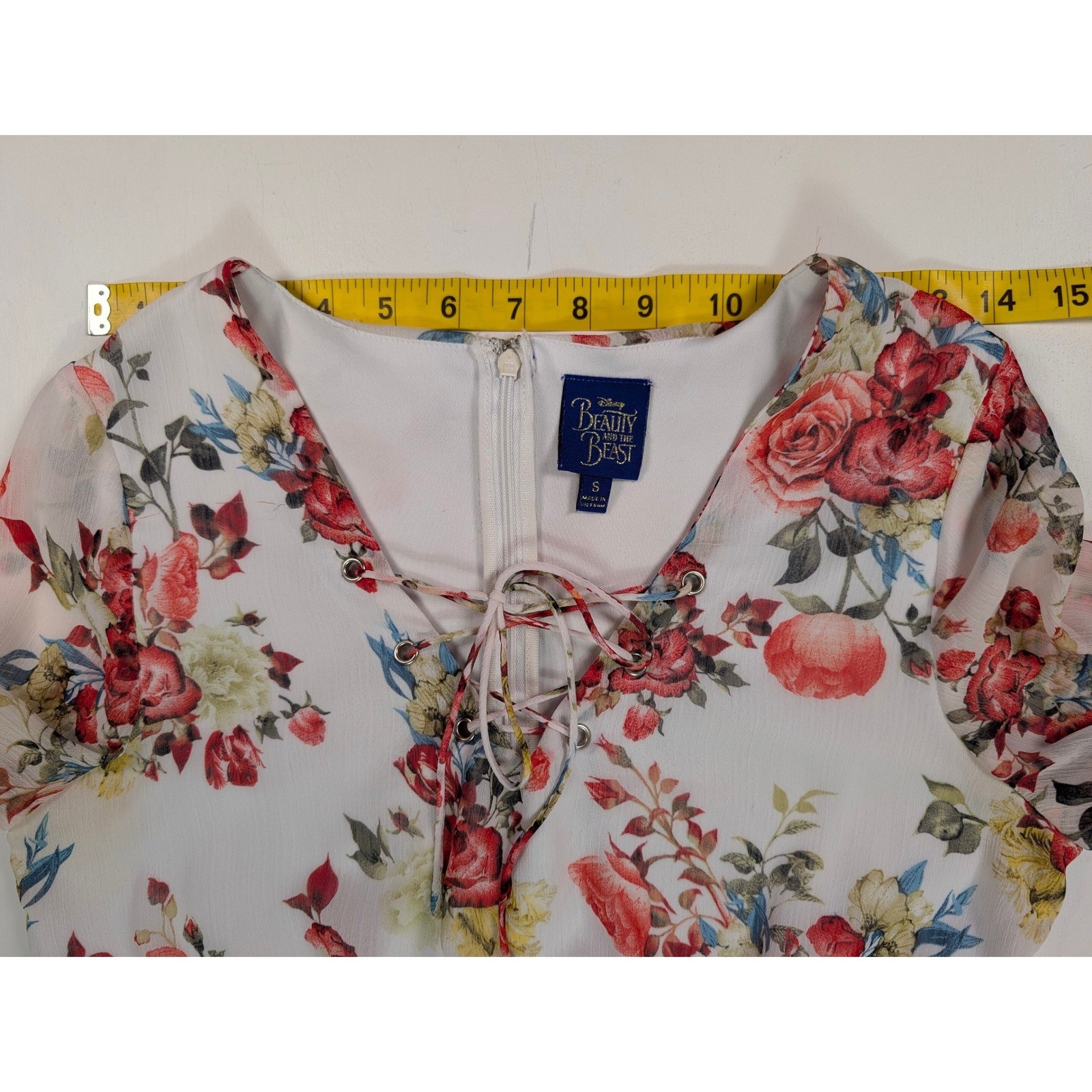 Disney Beauty and the Beast Floral Romper White Rose Lace Up Long Sleeve Small