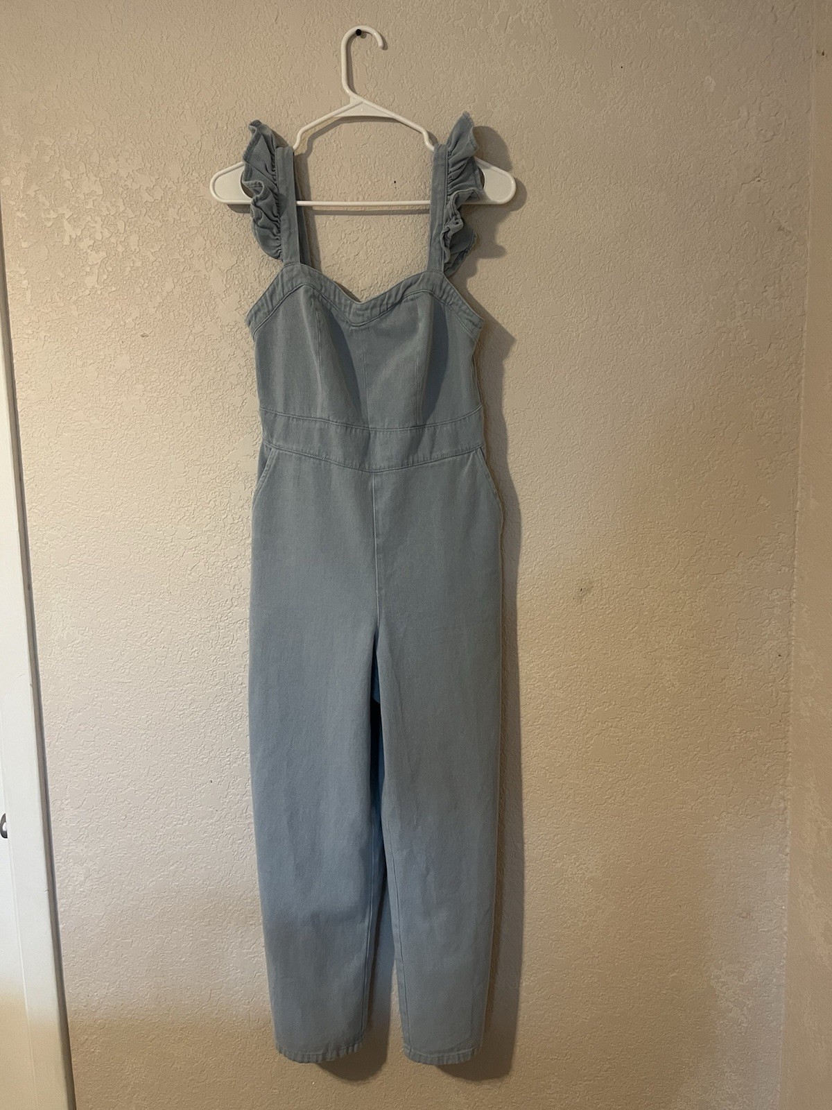 Baltic Born Madison Denim Jumpsuit Blue S Wide-Leg Ruffle Straps Pockets