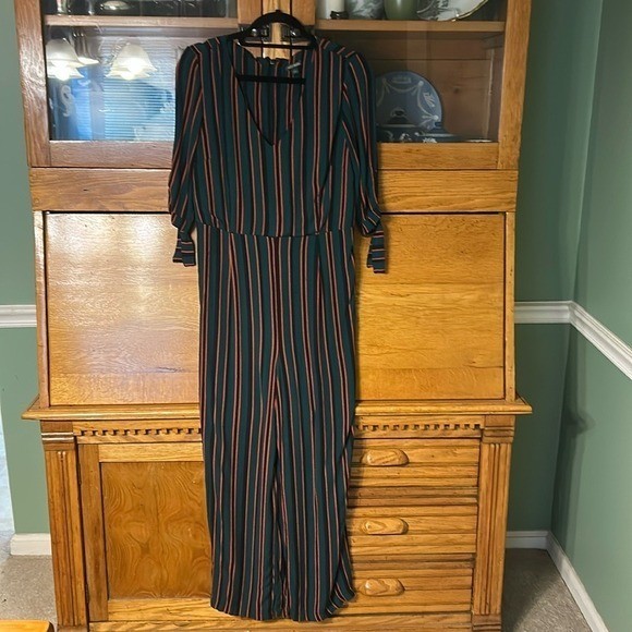 Wild Fable Boho Chic Retro Striped V-Neck Wide Leg Jumpsuit Tie Sleeve Earthcore