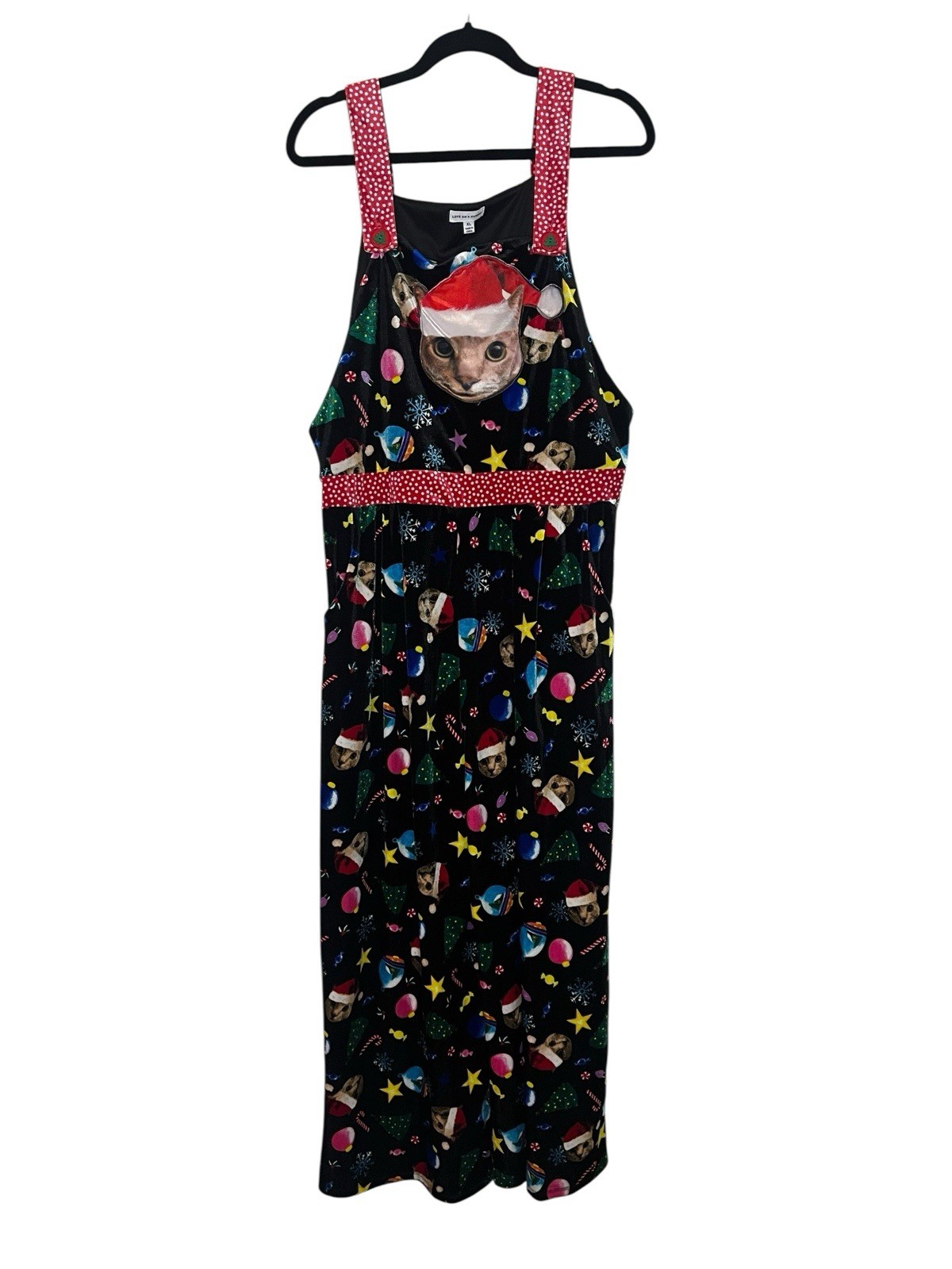 Love On A Hanger Christmas Overalls Jumpsuit Cats Velour Polka Dots Size Small