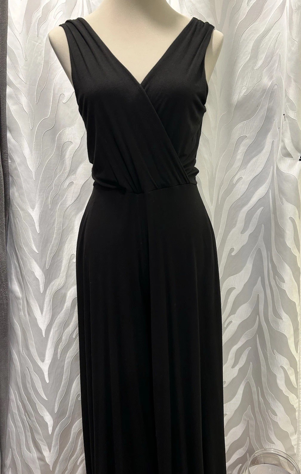 Final Touch Black Stretch Faux Wrap Sleeveless Flare Leg Jumpsuit Size L