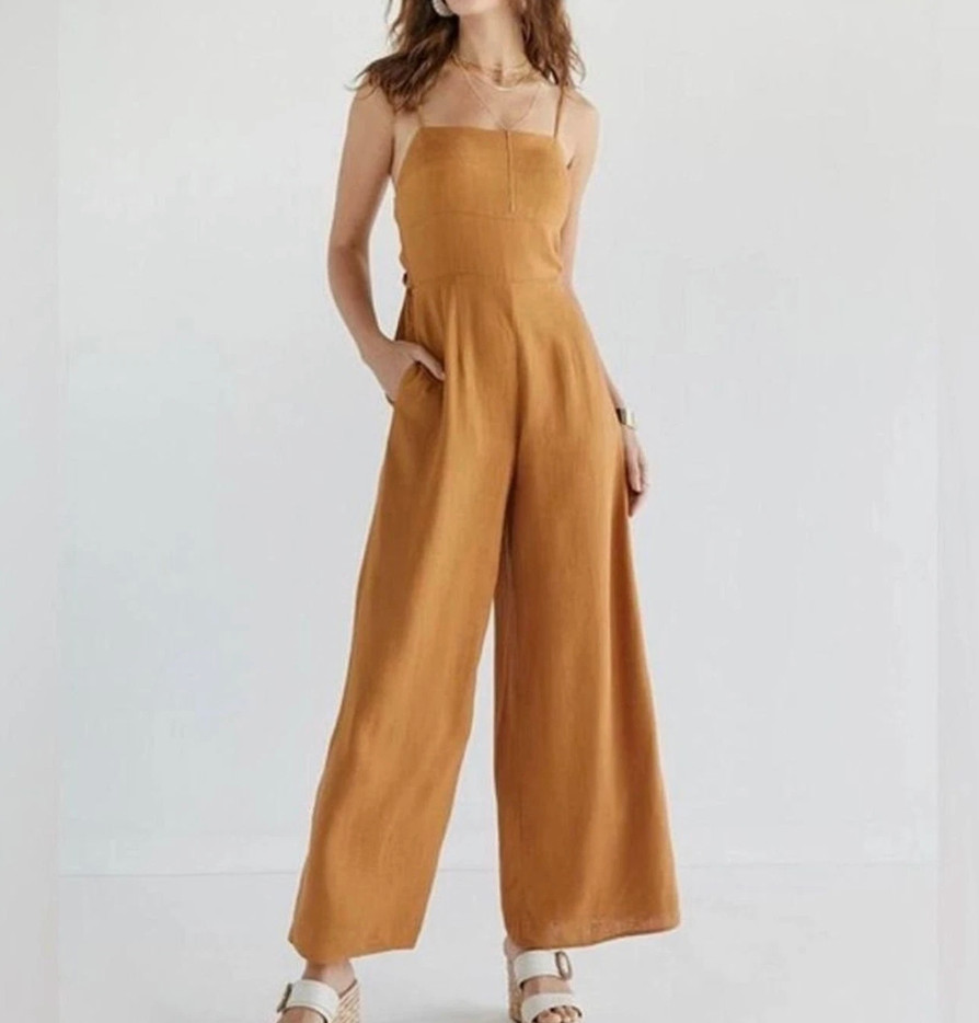 Audrey Parks Francescas Mustard Tan Linen Wide Leg Tie Back Resort Jumpsuit XS