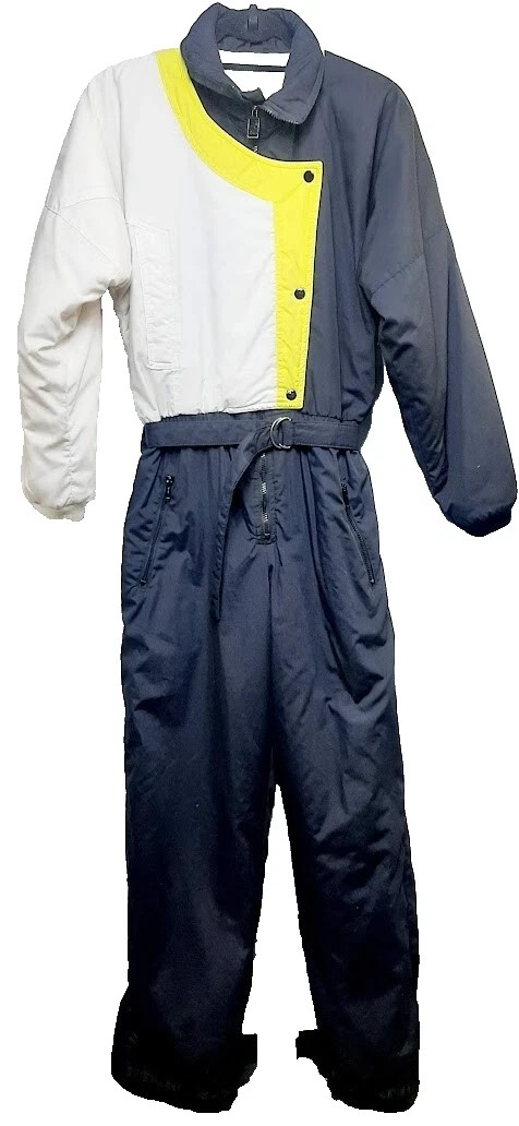 Vintage Ski Lion Ski Jumpsuit Womens M Black White Yellow Colorblock Belted 80s