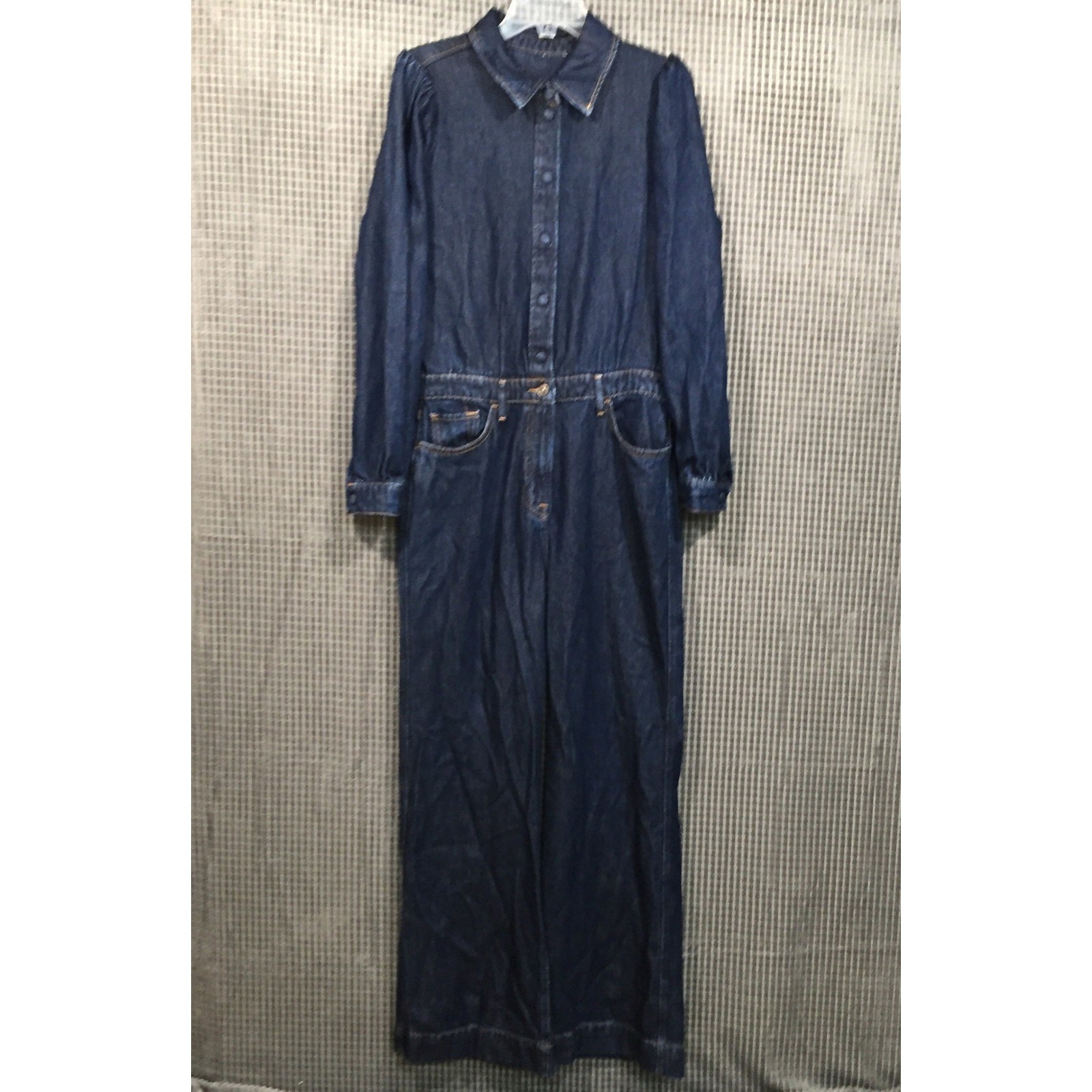 7 For All Mankind Womens Dark Wash Denim Long Sleeve Snap Front Jumpsuit L