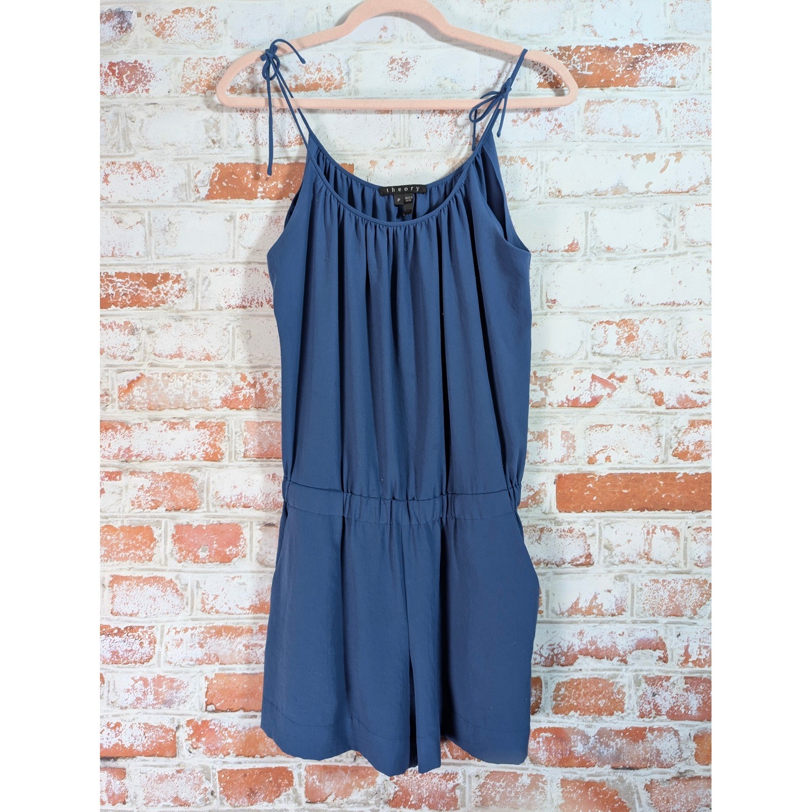 Theory Romper Womens Size P Blue Silk Feel Tie Shoulder Sleeveless Pocketed