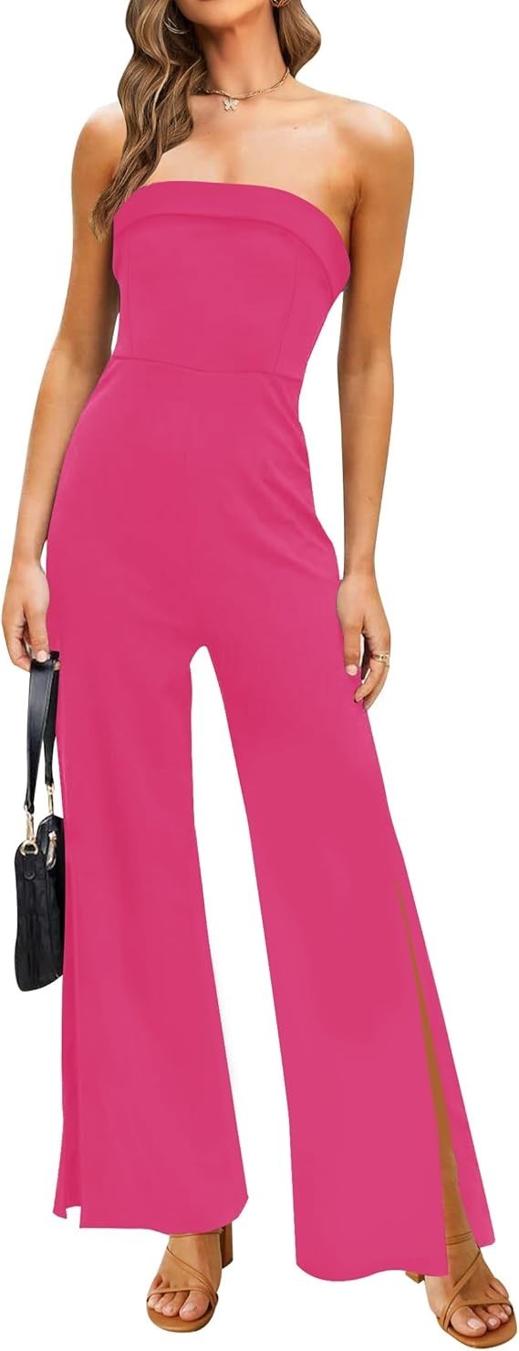 Women’s L Hot Pink Strapless High Waist Wide Leg Jumpsuit with Side Slits