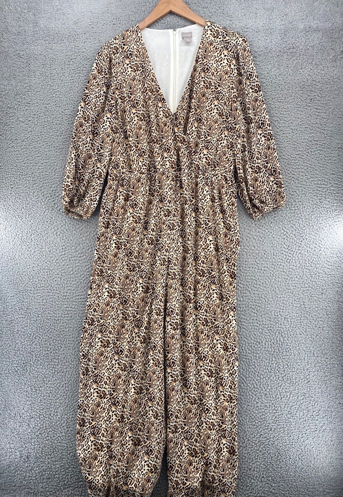 Chicos Jumpsuit Womens 2.5 US 14 Tan Animal Print Surplice 3/4 Balloon Sleeves