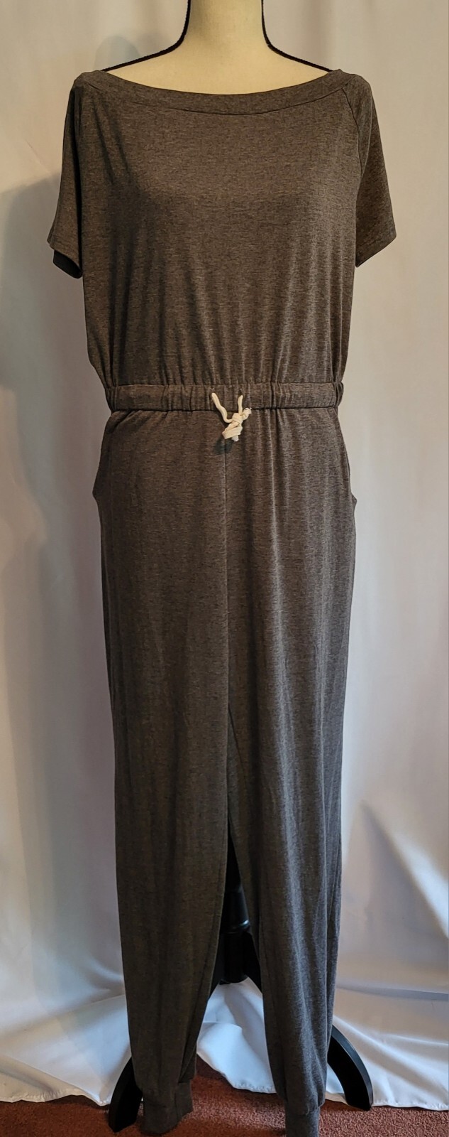 Womens Drawstring Lounge Jumpsuit romper Gray One Piece Jersey Tapered Leg S