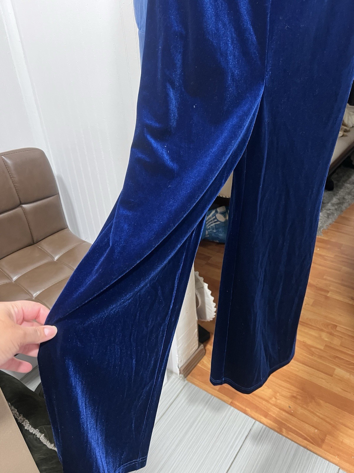 Women Royal Blue Mesh V Neck Long Sleeve Velvet Jumpsuit | fehaute Size 8