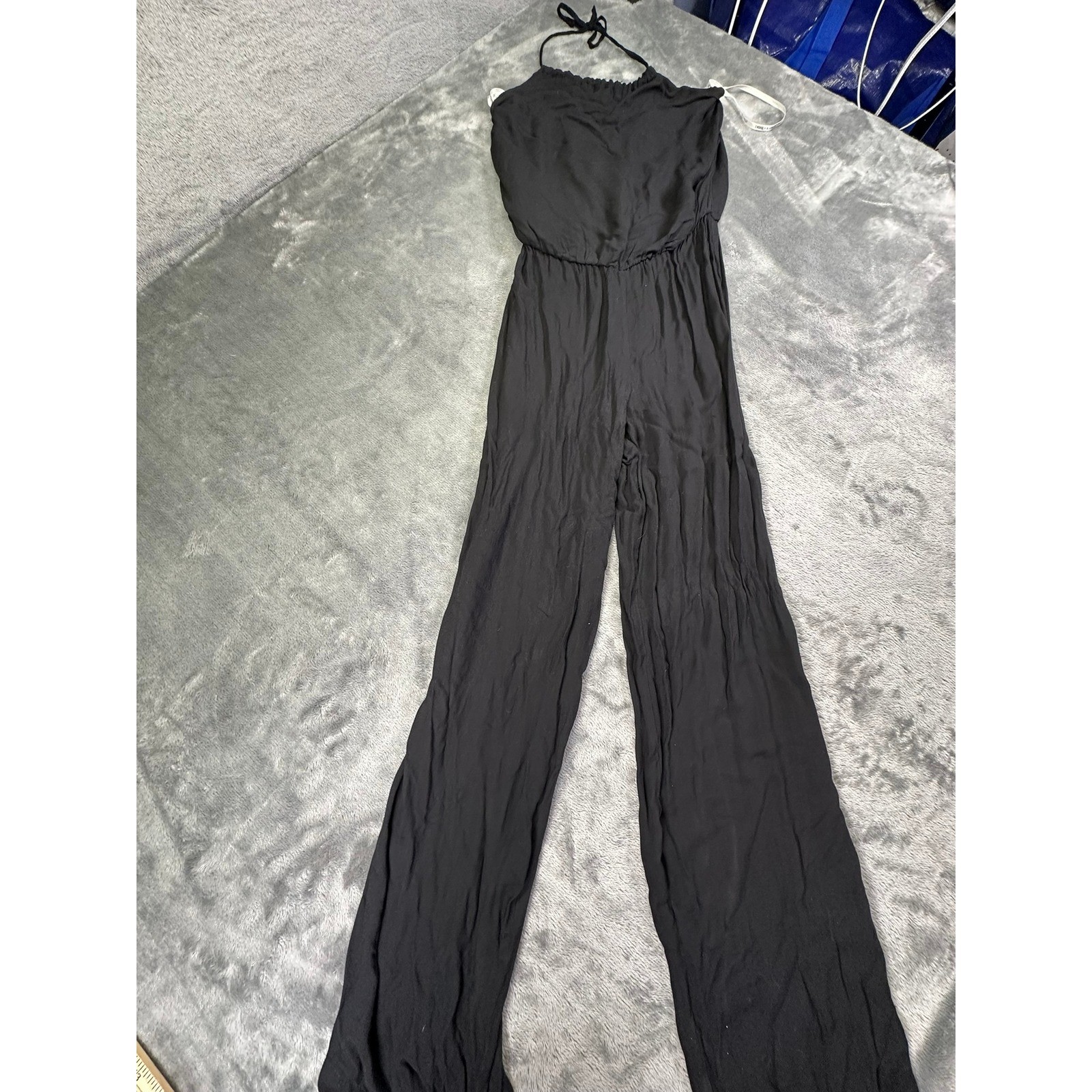 Young Fabulous & Broke Black Halter Wide Leg Jumpsuit XS Elastic Waist Tie Neck