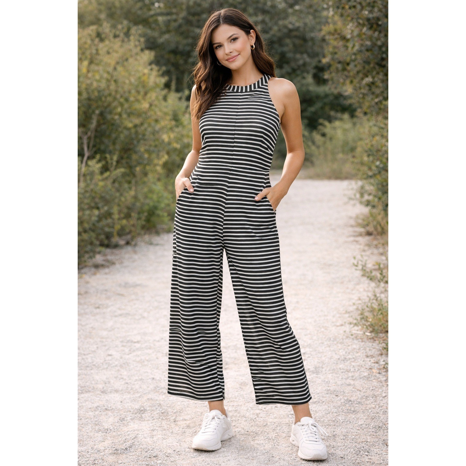 Ecowish Grey White Striped Halter Neck Wide Leg Cropped Jumpsuit Size M