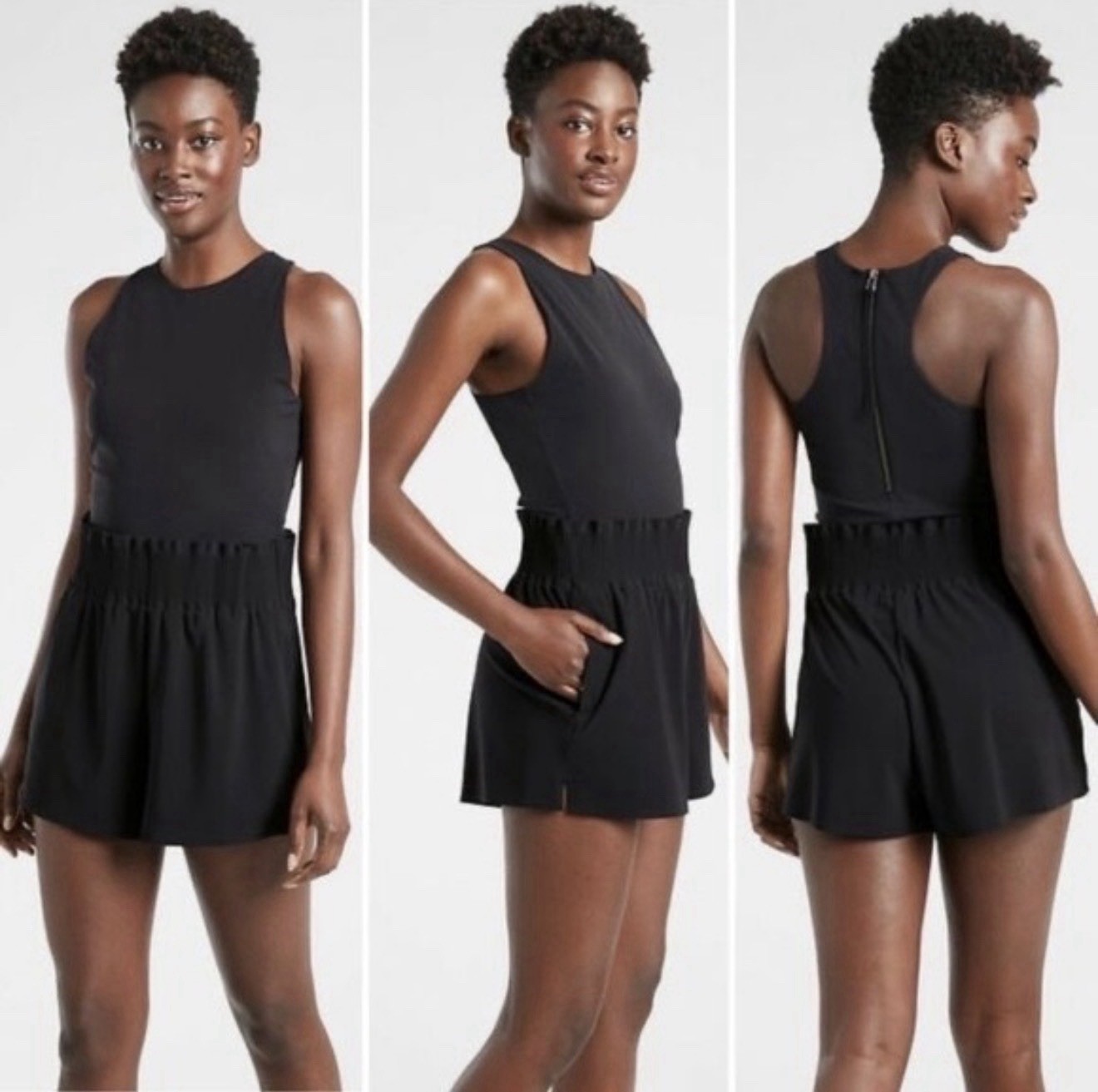 Athleta Cosmic Flutter Romper XS Black Athleisure Performance Tennis Zip Pockets