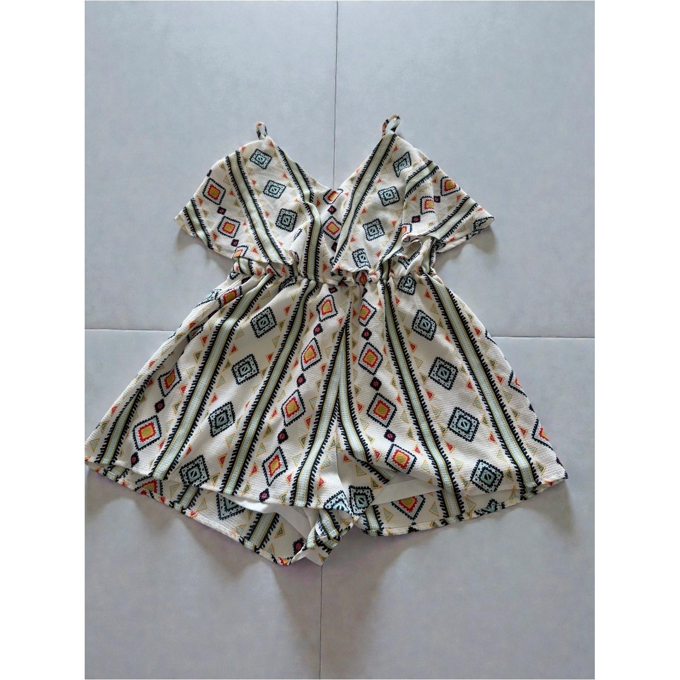 Crystal Sky White Romper with Colorful Geometric Trim
