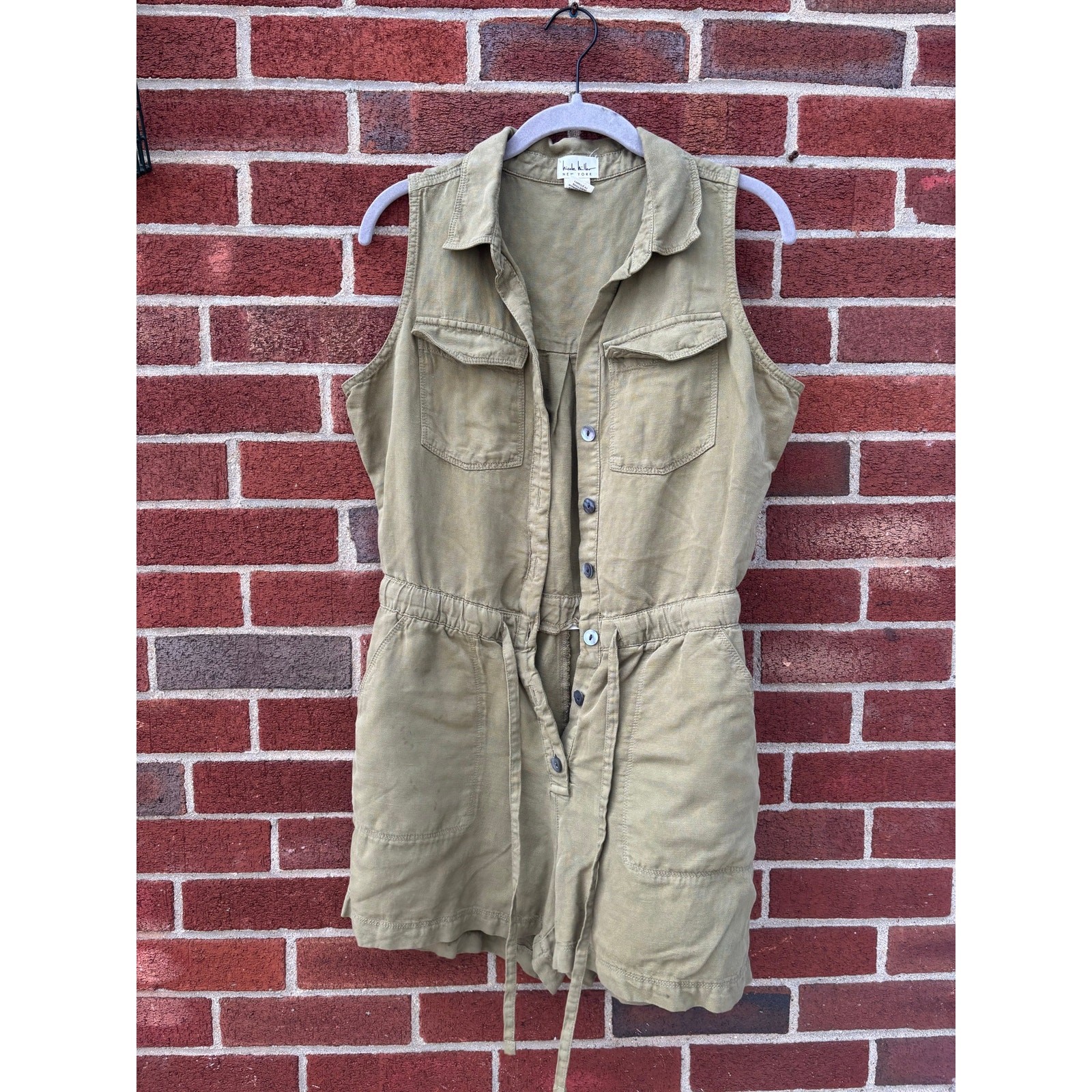 Nicole Miller New York Utility Romper Womens 4 Olive Green Linen Blend Safari