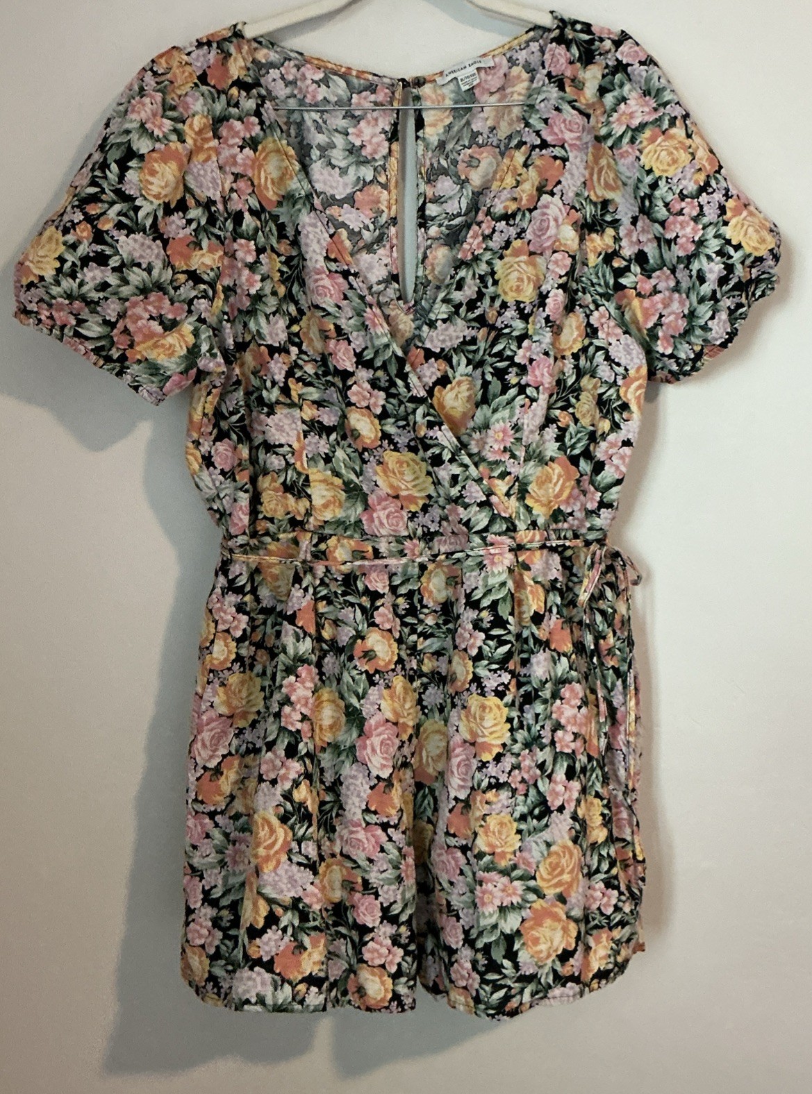American Eagle Black Floral Wrap Top Romper Linen Blend Lined XL