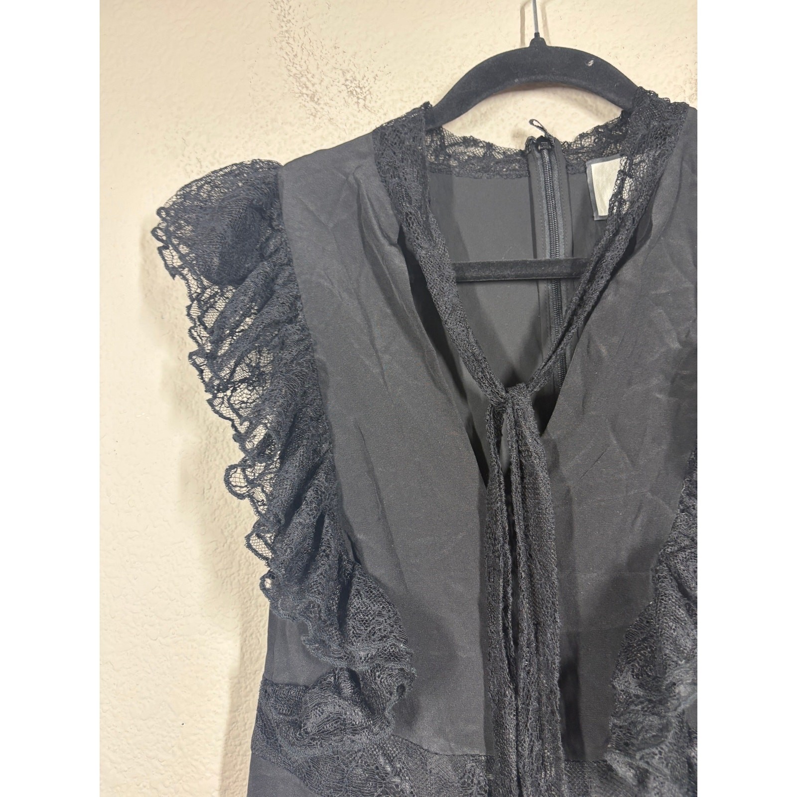 Alexis Small Gislane Jumpsuit Black Silk Combo Ruffled Lace Tie Neck Wide Leg