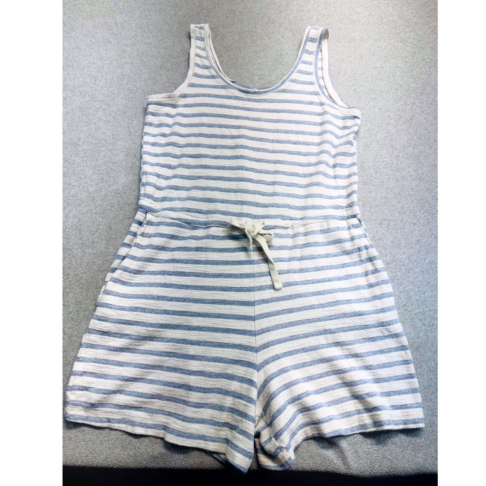 Old Navy Women L Blue White Stripe Terry Knit Romper Summer Sleeveless Tie Waist