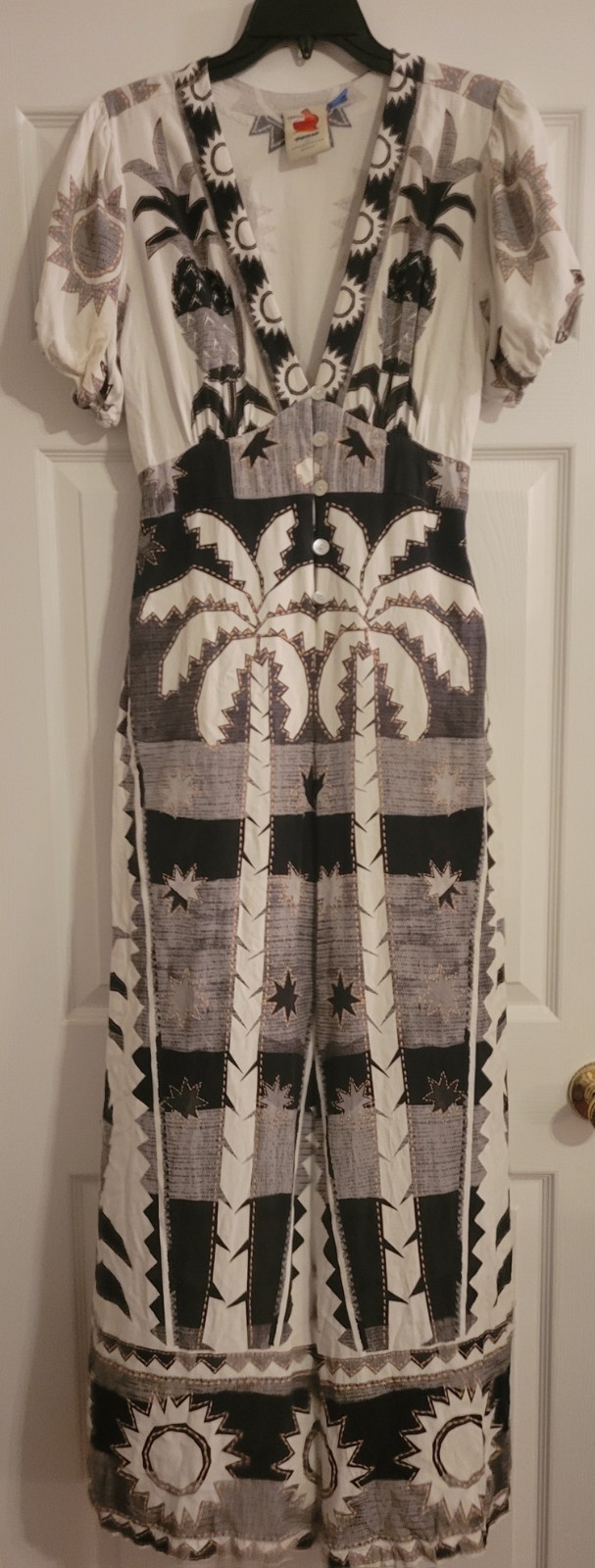 Farm Rio Linen Deep V Neckline Wide Leg Black Gray White Print Jumpsuit NWOT M