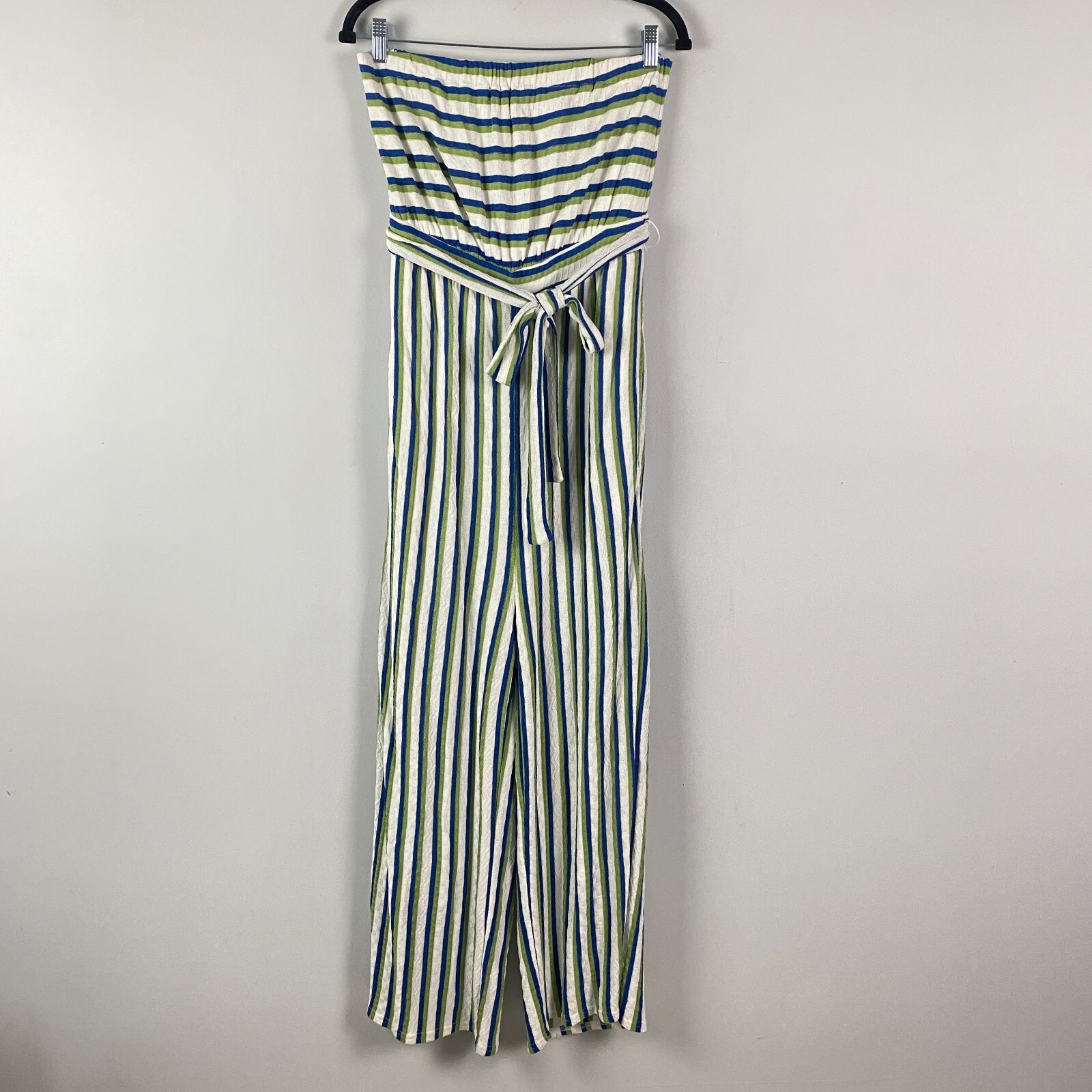 Anthropologie Maeve Meja Strapless Striped Knit Wide Leg Jumpsuit M Blue Green