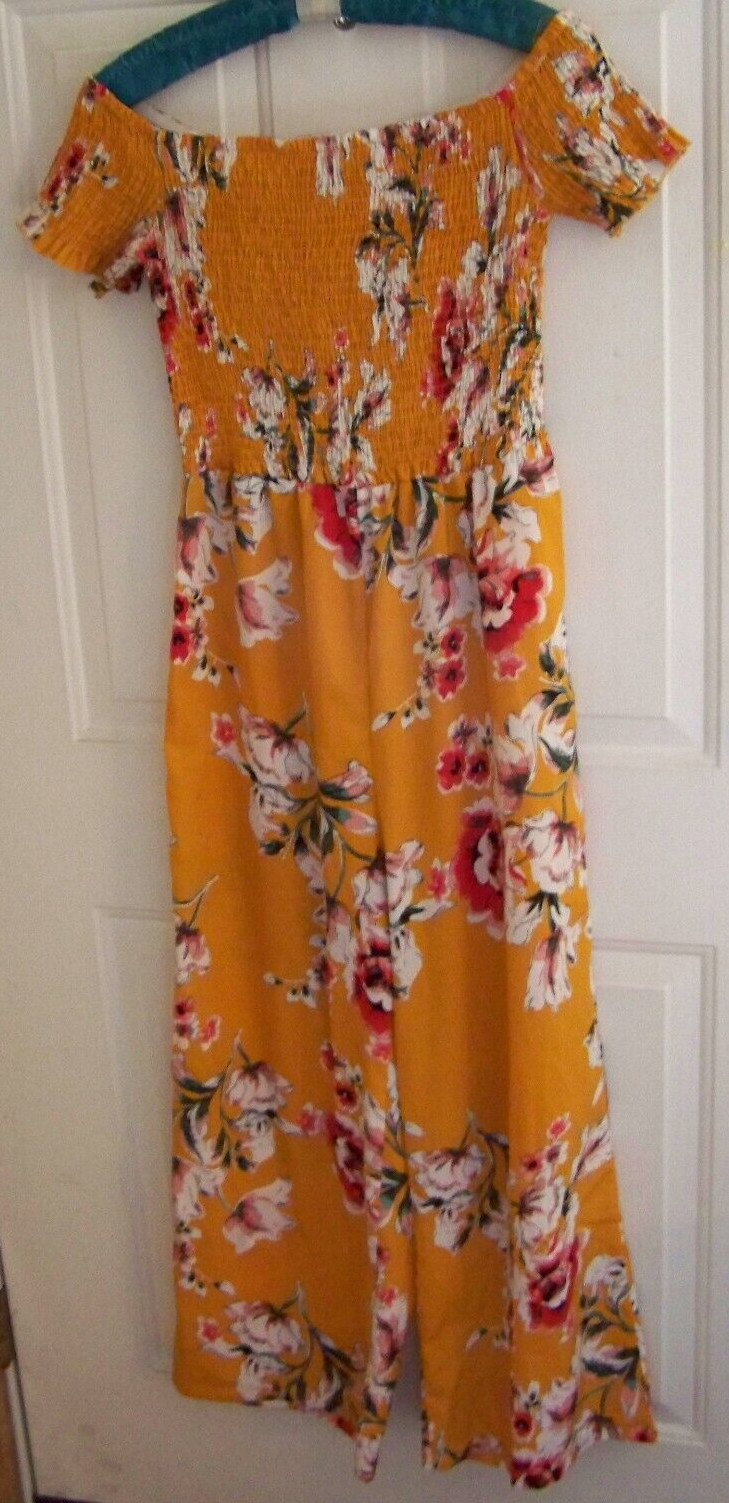 Ecowish Smocked top Gold Floral Wide leg off Shoulder JUMPSUIT/ ROMPER size L