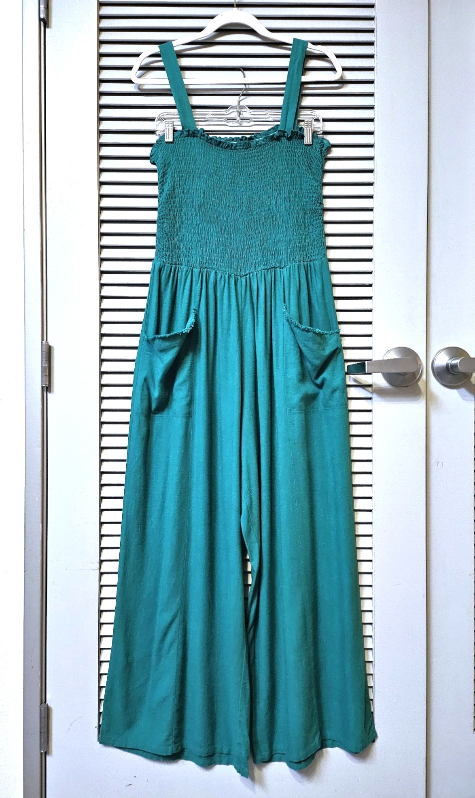 emerald green smocking elastic body wide pants jumpsuit XL