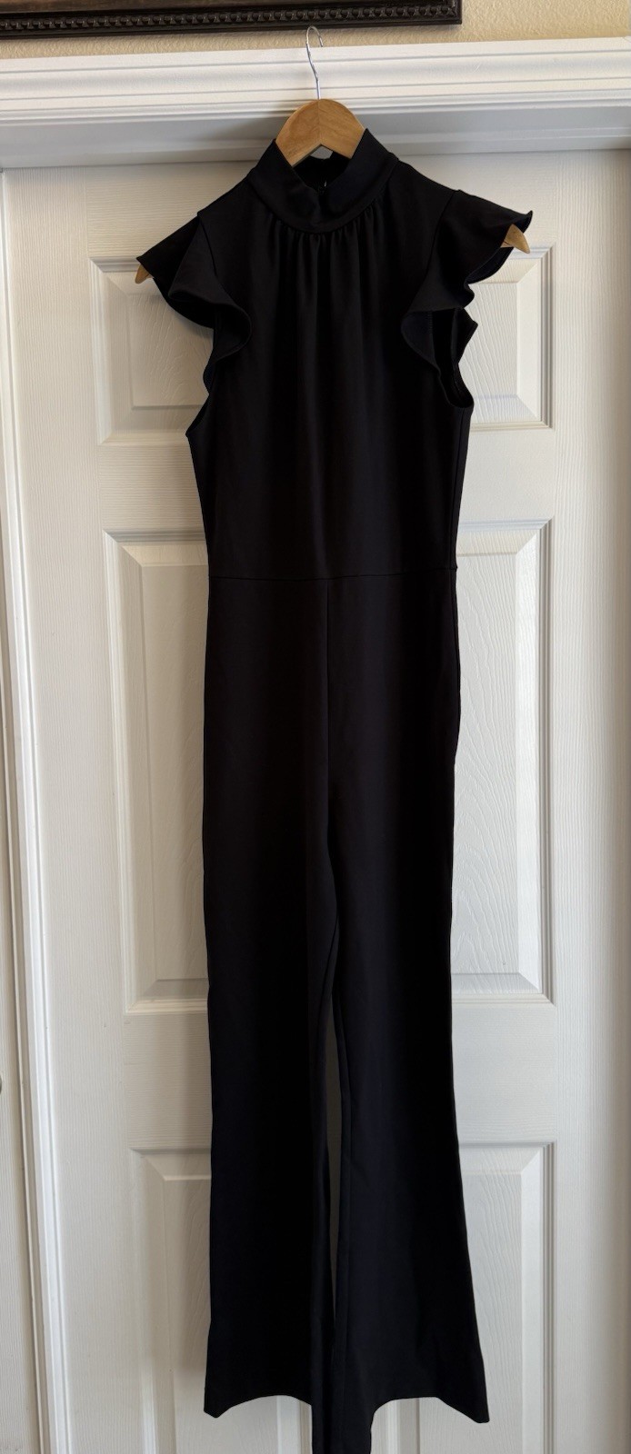 Amanda Uprichard Jumpsuit Womens Medium Black Ruffle Mock Neck Straight Leg